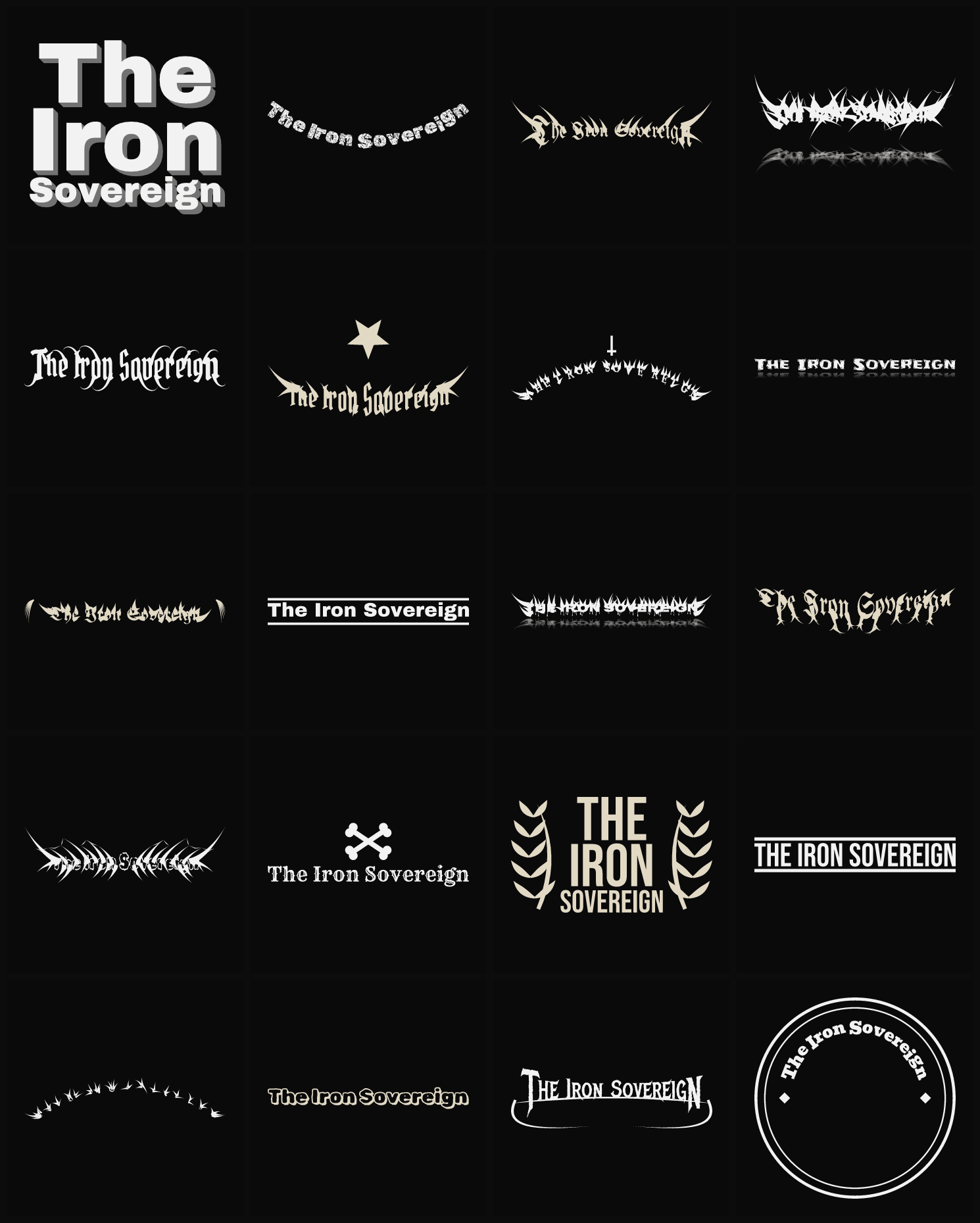 Twenty The Iron Sovereign band logo ideas — different faces, treatments and spike settings