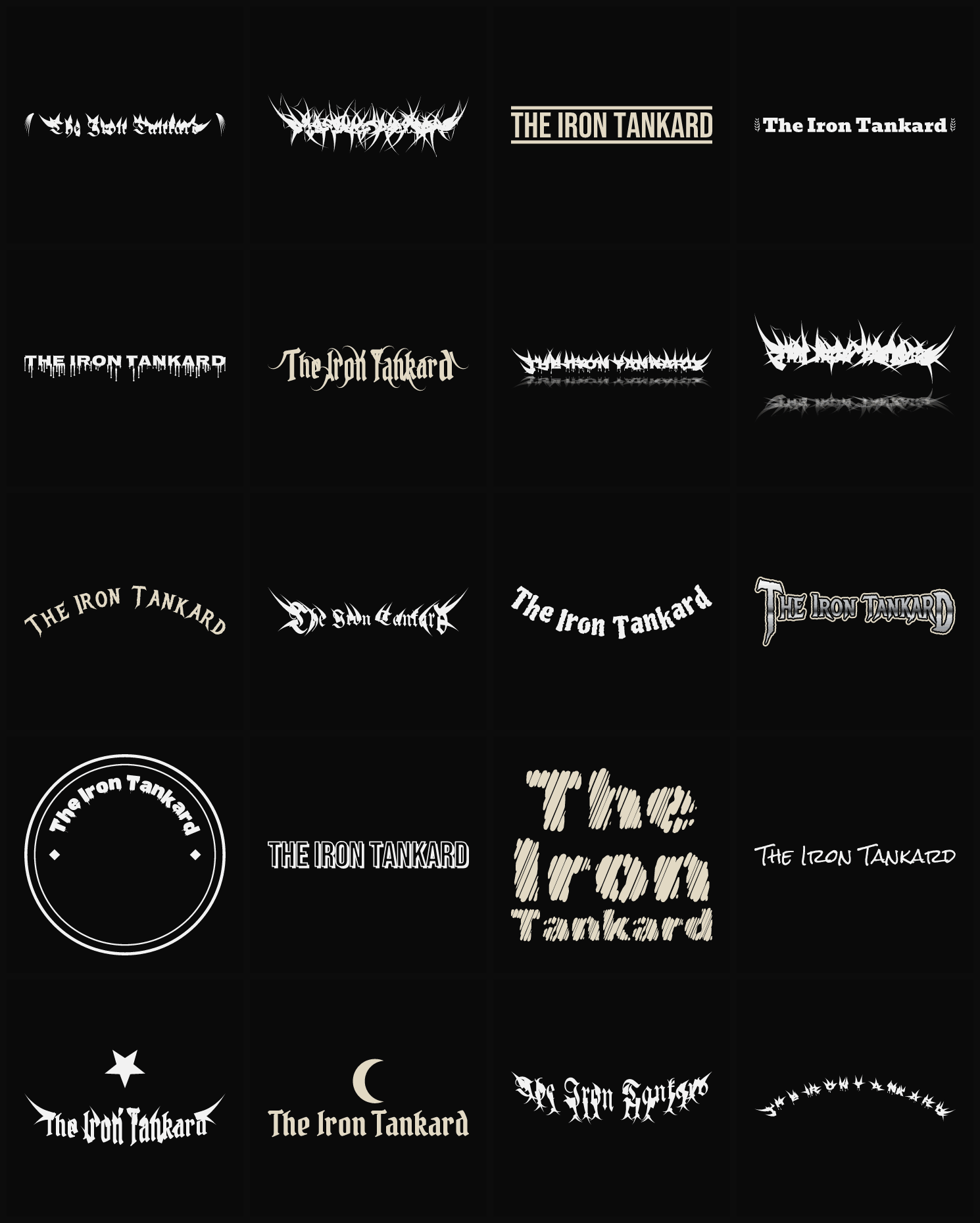 Twenty The Iron Tankard band logo ideas — different faces, treatments and spike settings