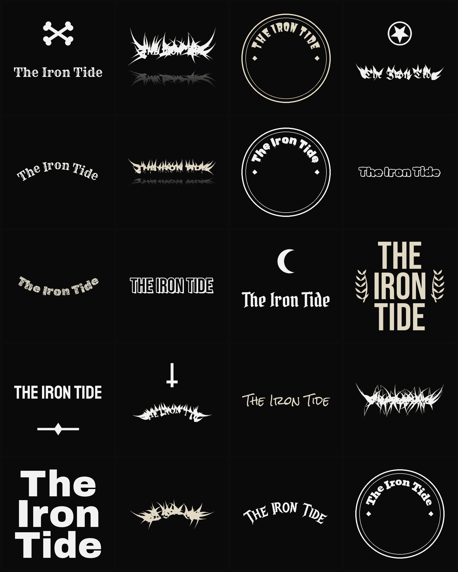 Twenty The Iron Tide band logo ideas — different faces, treatments and spike settings
