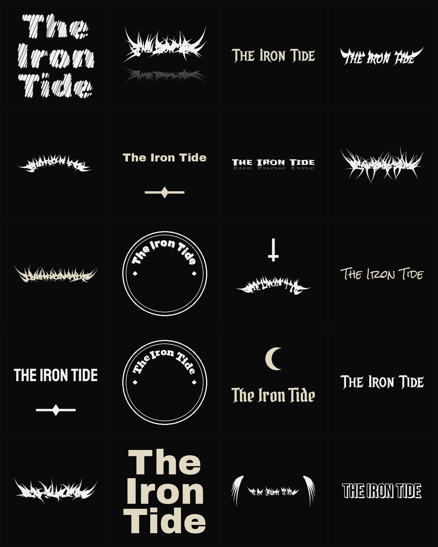 Twenty The Iron Tide band logo ideas — different faces, treatments and spike settings