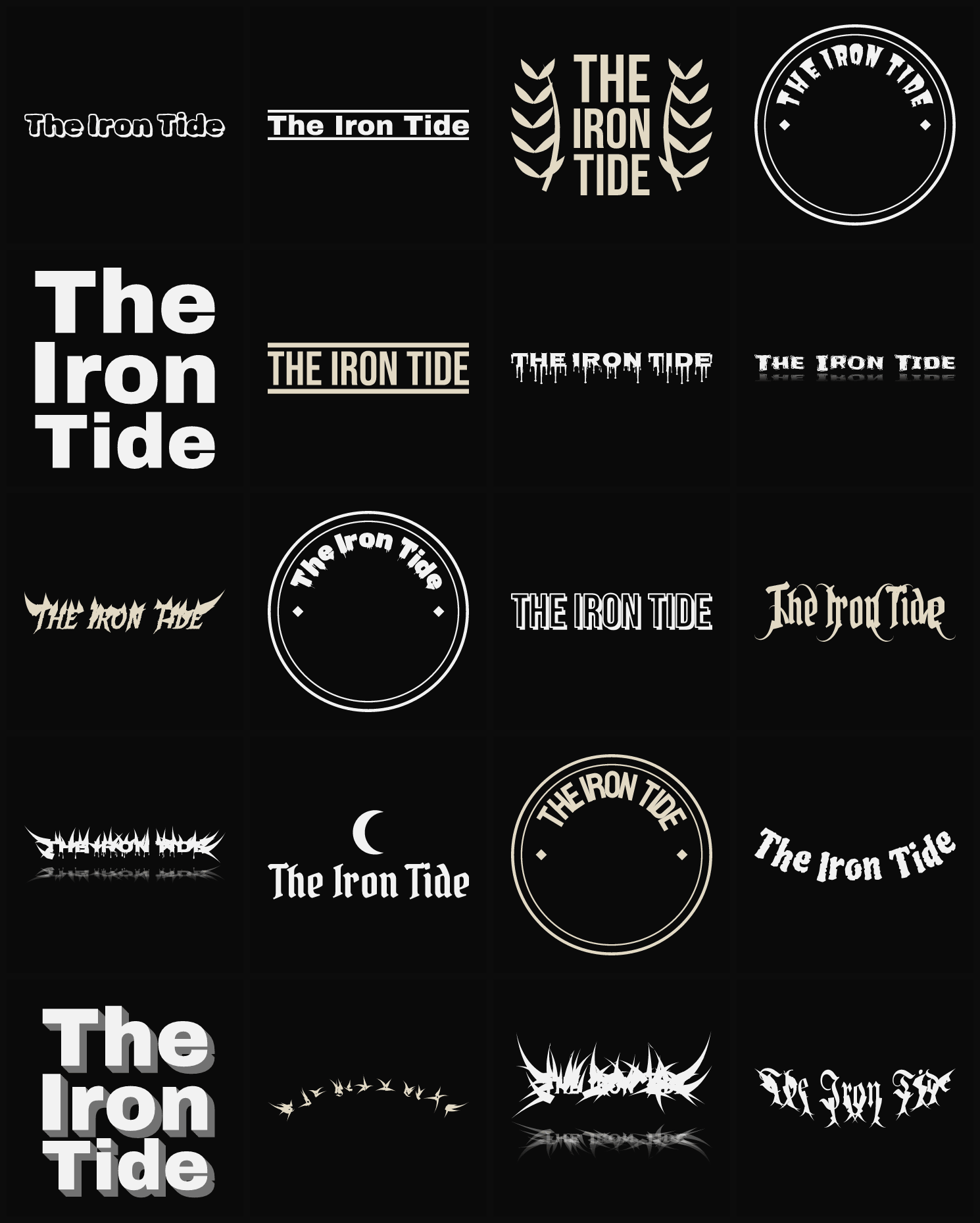 Twenty The Iron Tide band logo ideas — different faces, treatments and spike settings