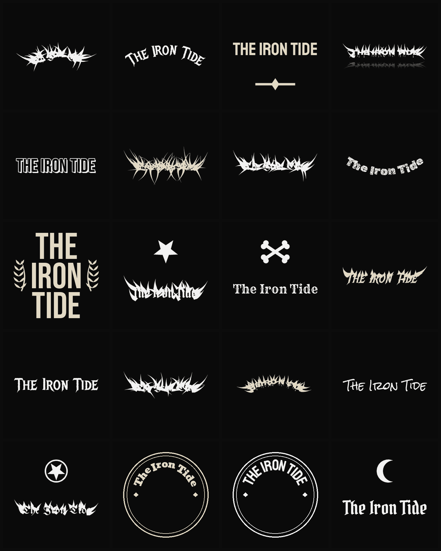Twenty The Iron Tide band logo ideas — different faces, treatments and spike settings