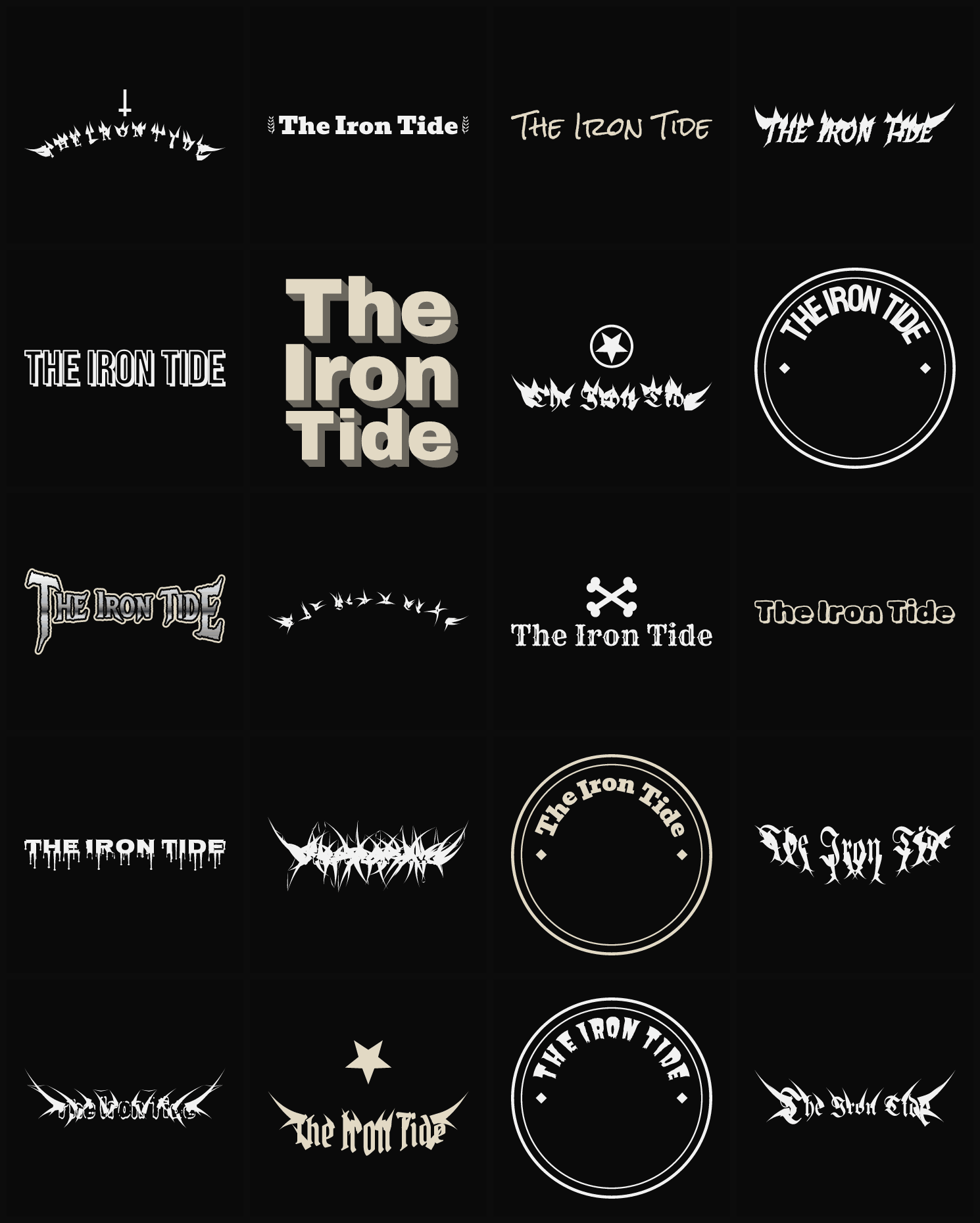 Twenty The Iron Tide band logo ideas — different faces, treatments and spike settings