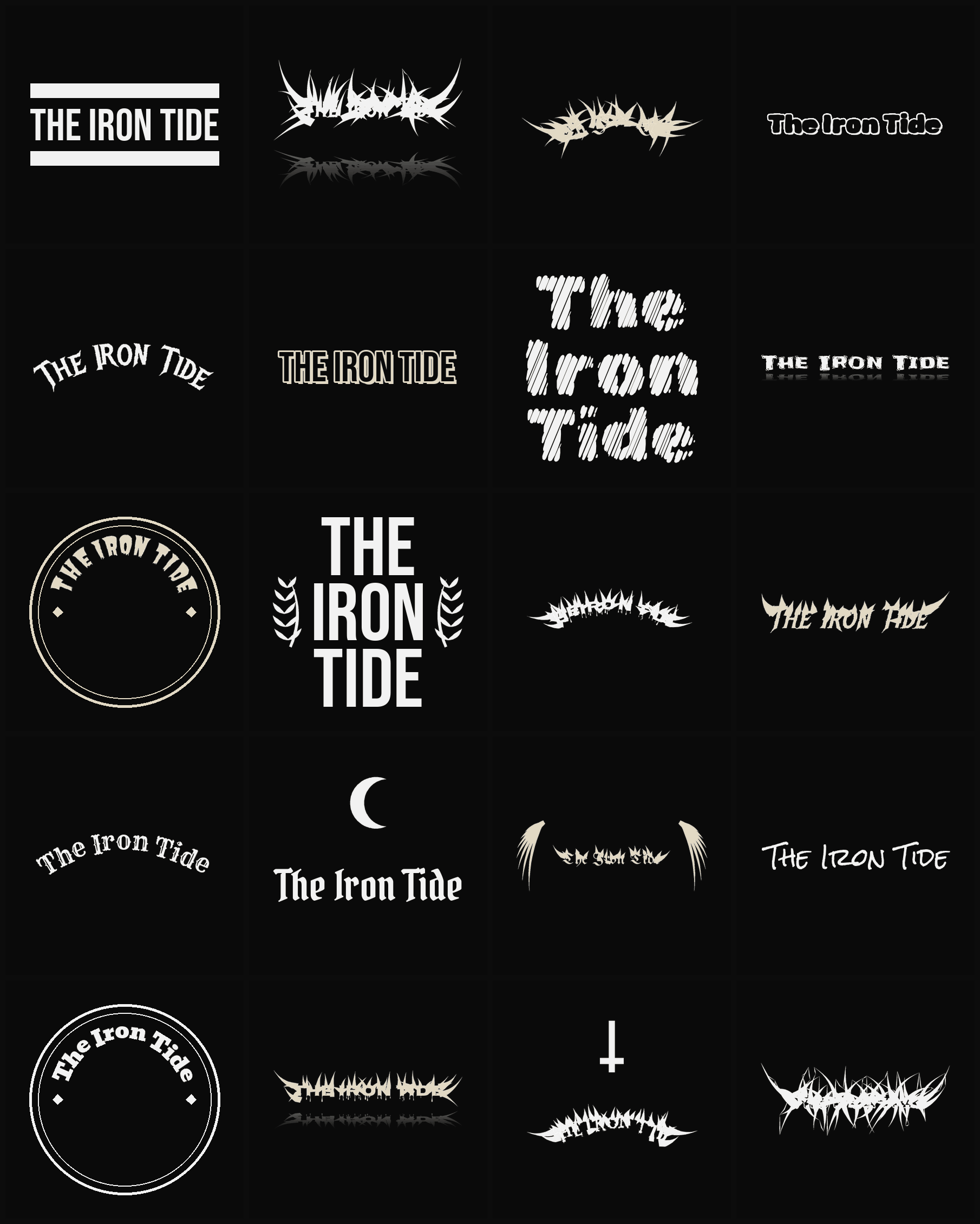 Twenty The Iron Tide band logo ideas — different faces, treatments and spike settings