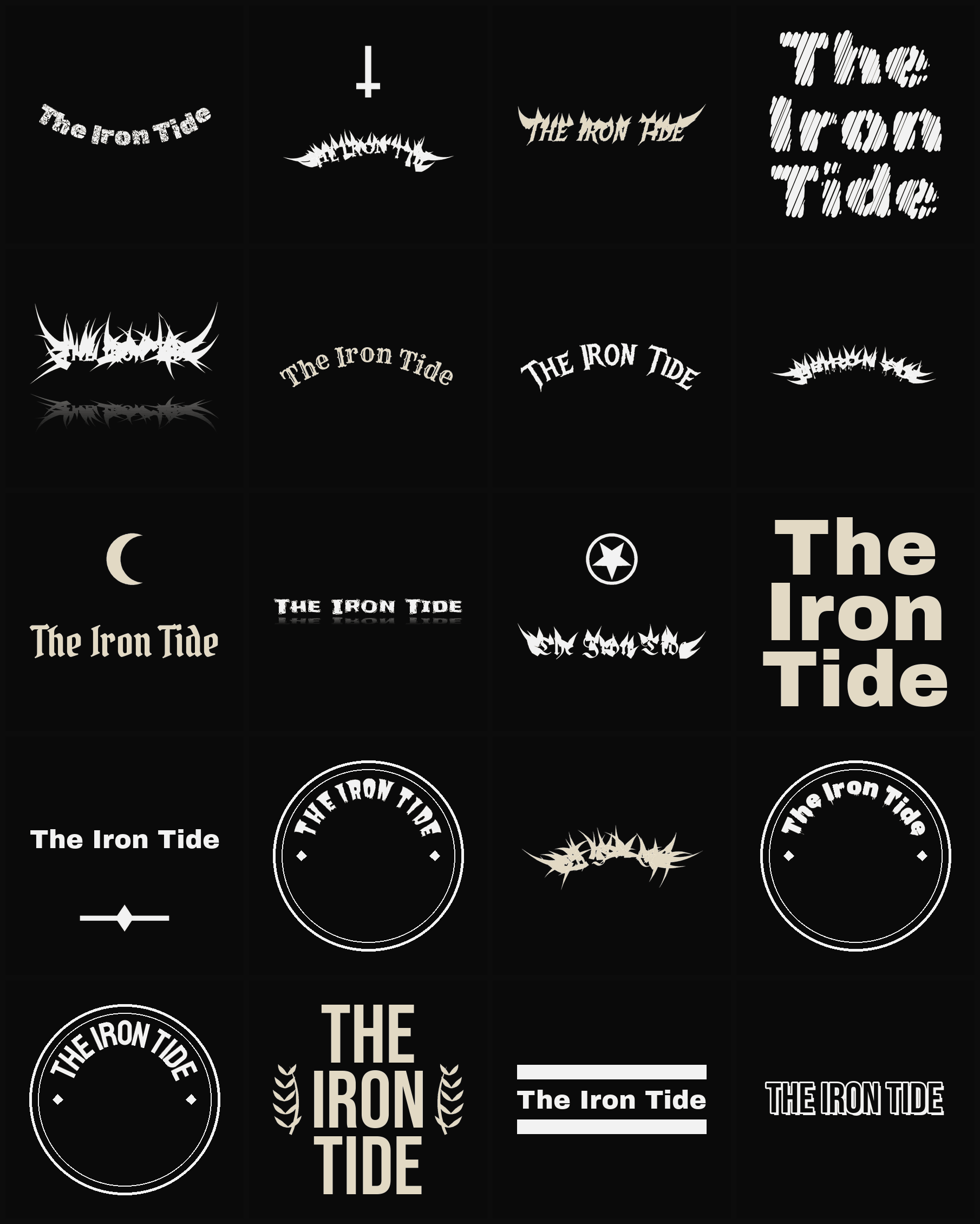 Twenty The Iron Tide band logo ideas — different faces, treatments and spike settings