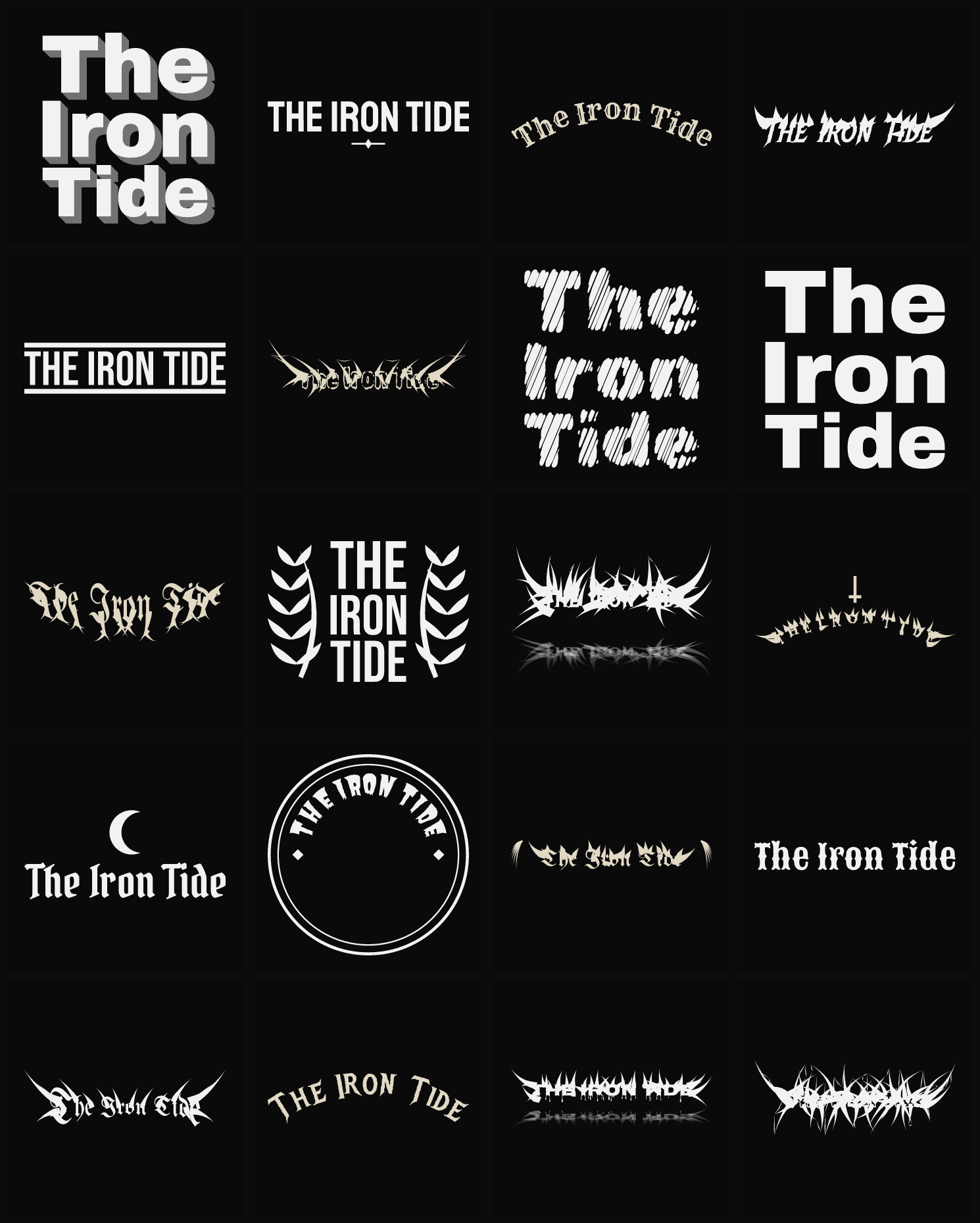 Twenty The Iron Tide band logo ideas — different faces, treatments and spike settings
