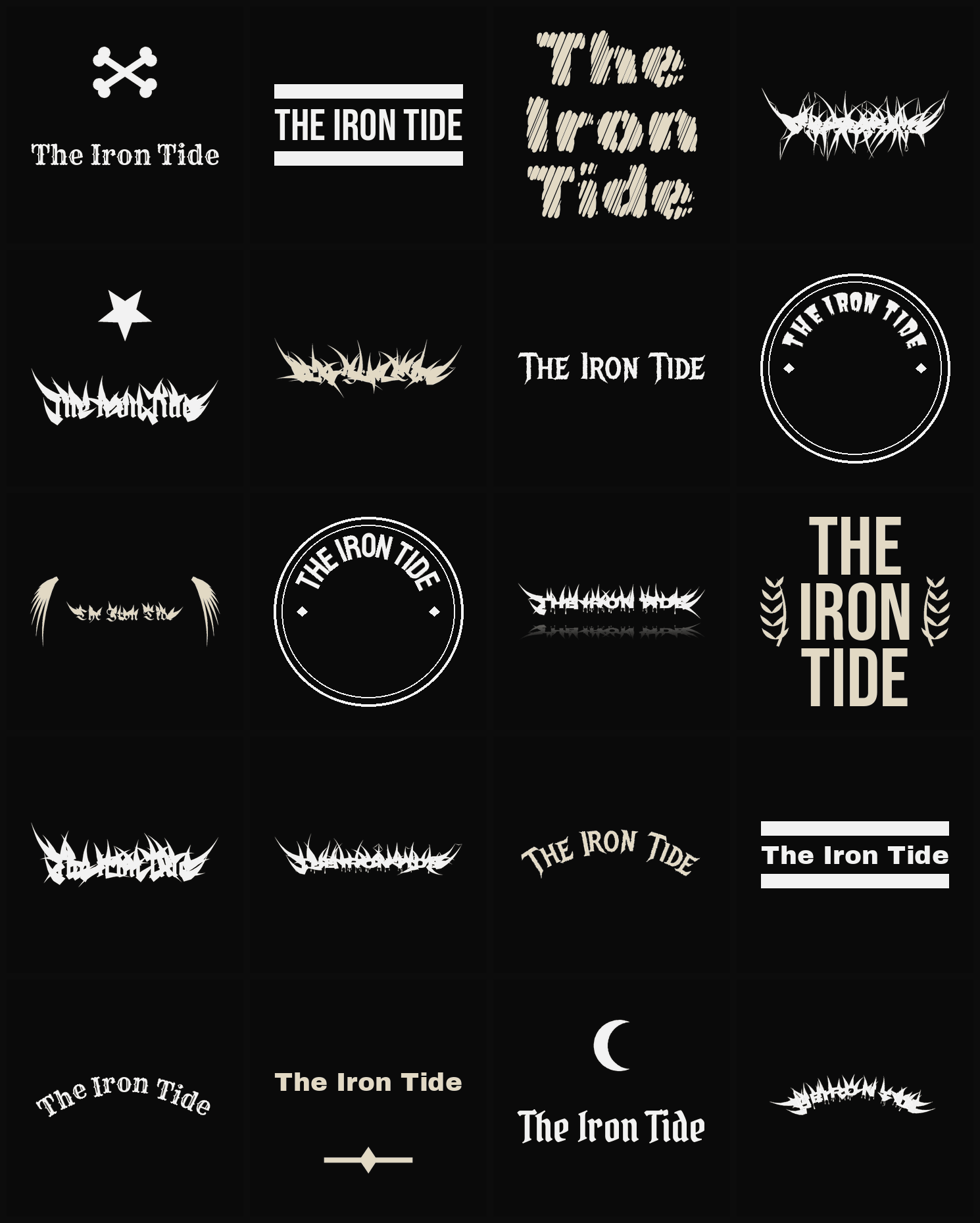 Twenty The Iron Tide band logo ideas — different faces, treatments and spike settings