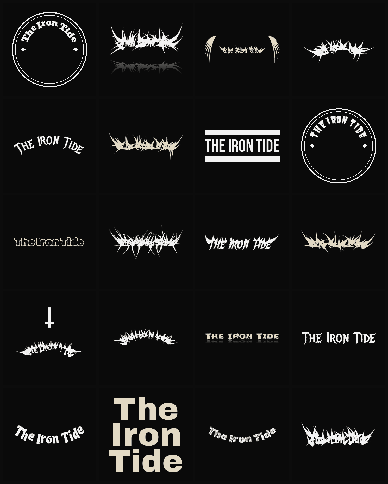 Twenty The Iron Tide band logo ideas — different faces, treatments and spike settings