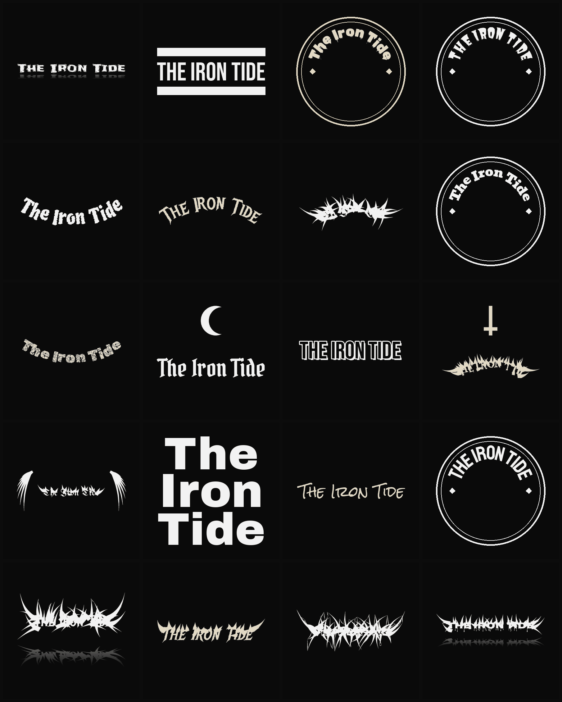 Twenty The Iron Tide band logo ideas — different faces, treatments and spike settings