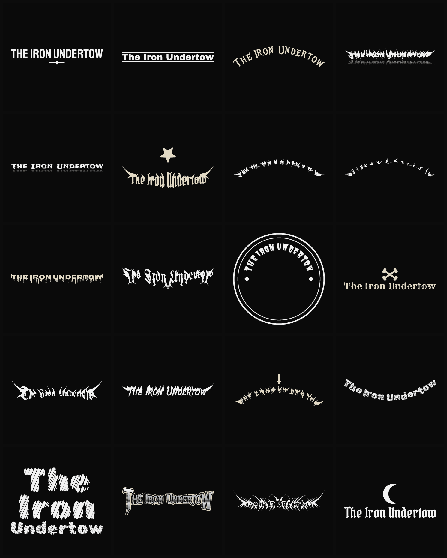 Twenty The Iron Undertow band logo ideas — different faces, treatments and spike settings