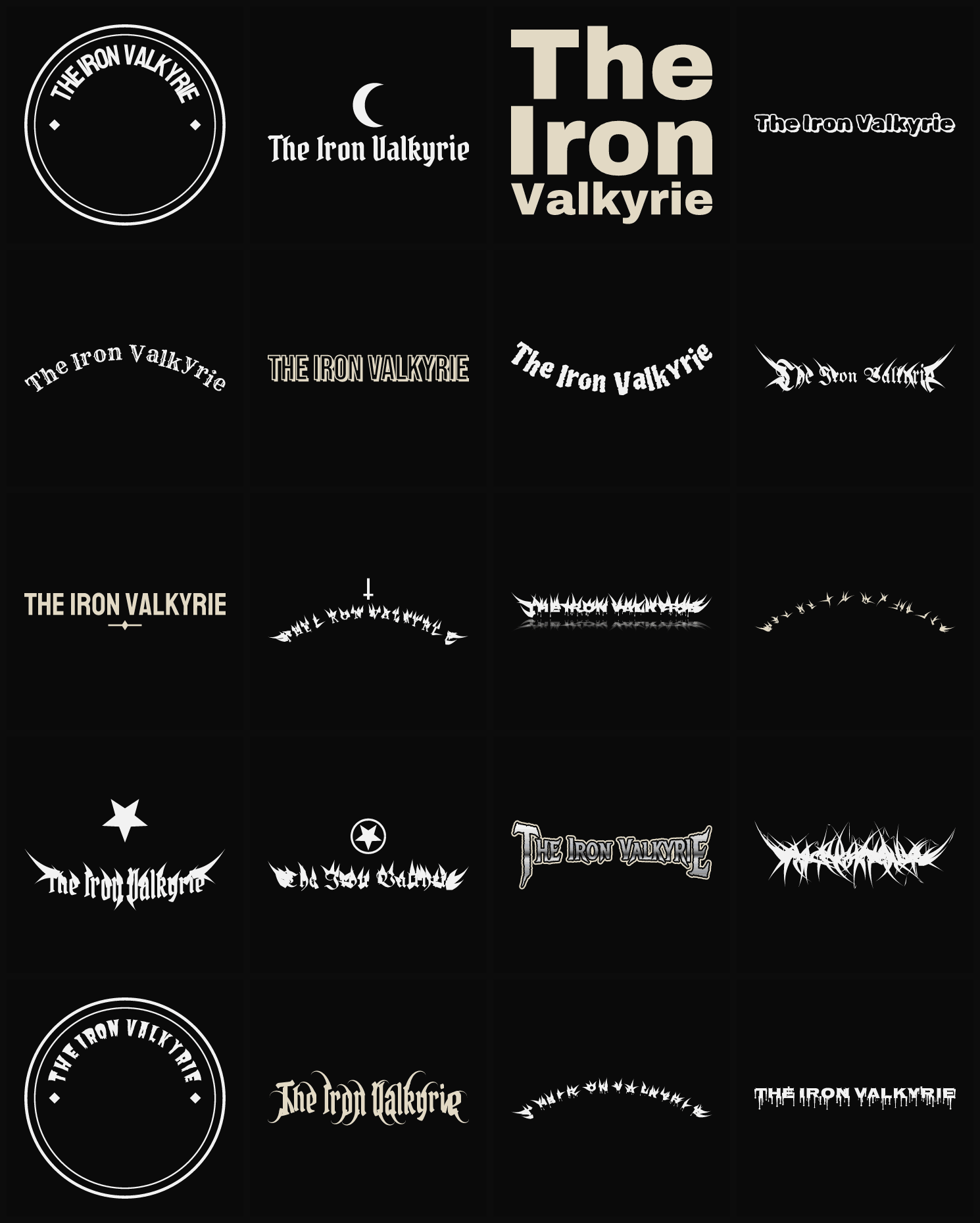 Twenty The Iron Valkyrie band logo ideas — different faces, treatments and spike settings
