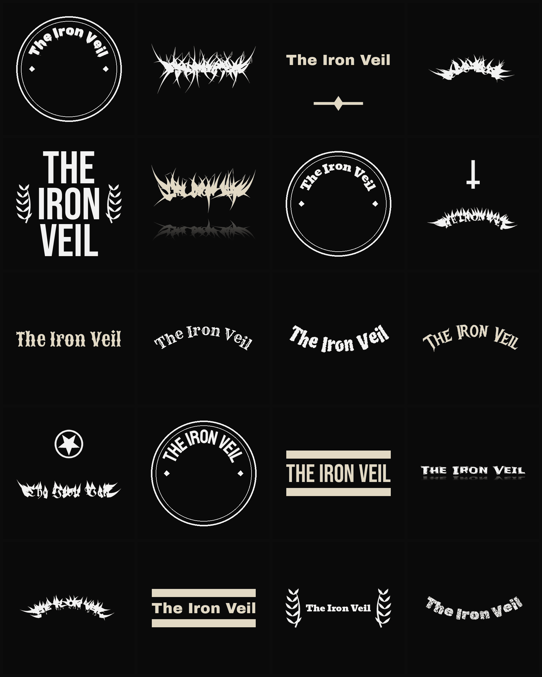 Twenty The Iron Veil band logo ideas — different faces, treatments and spike settings