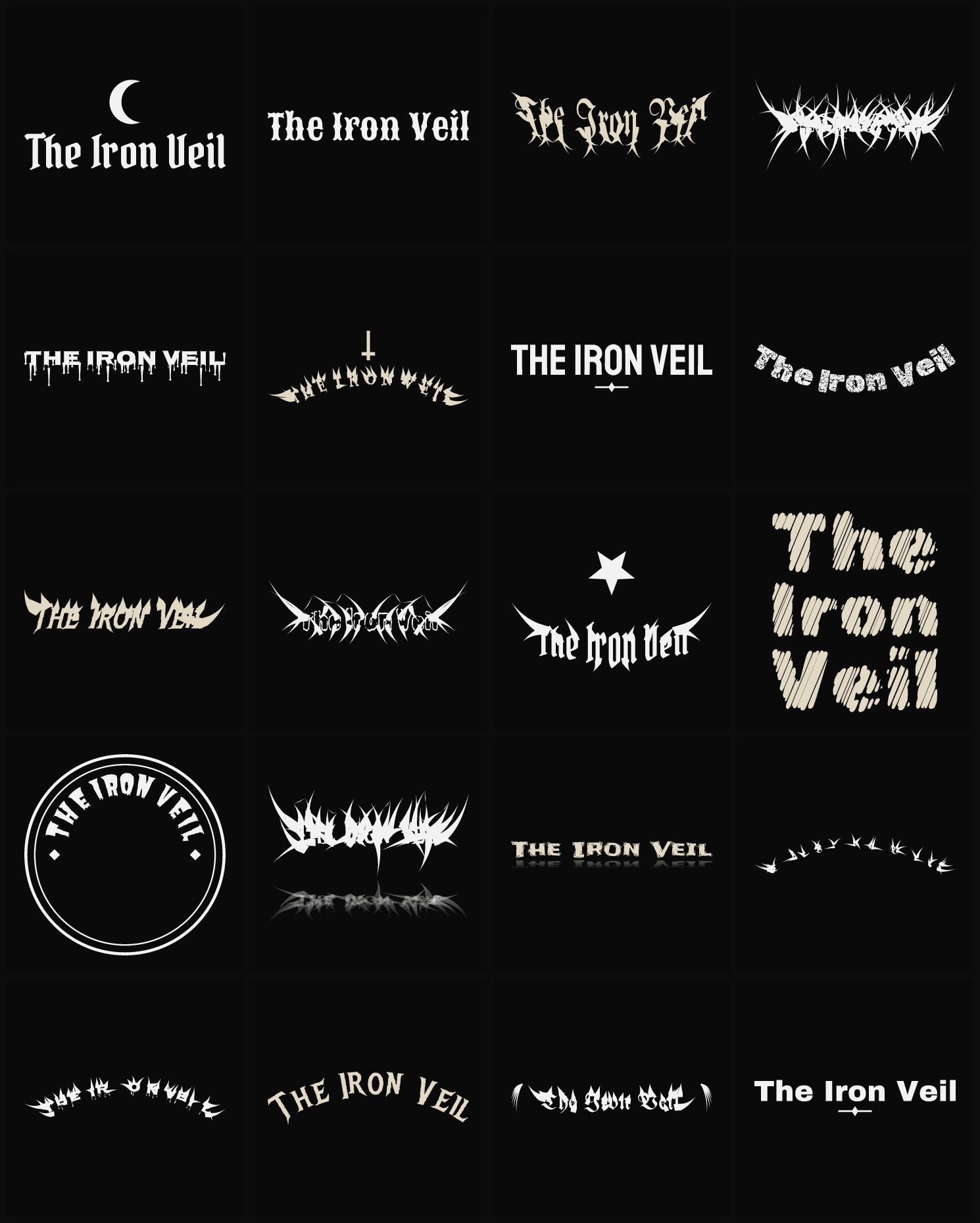 Twenty The Iron Veil band logo ideas — different faces, treatments and spike settings