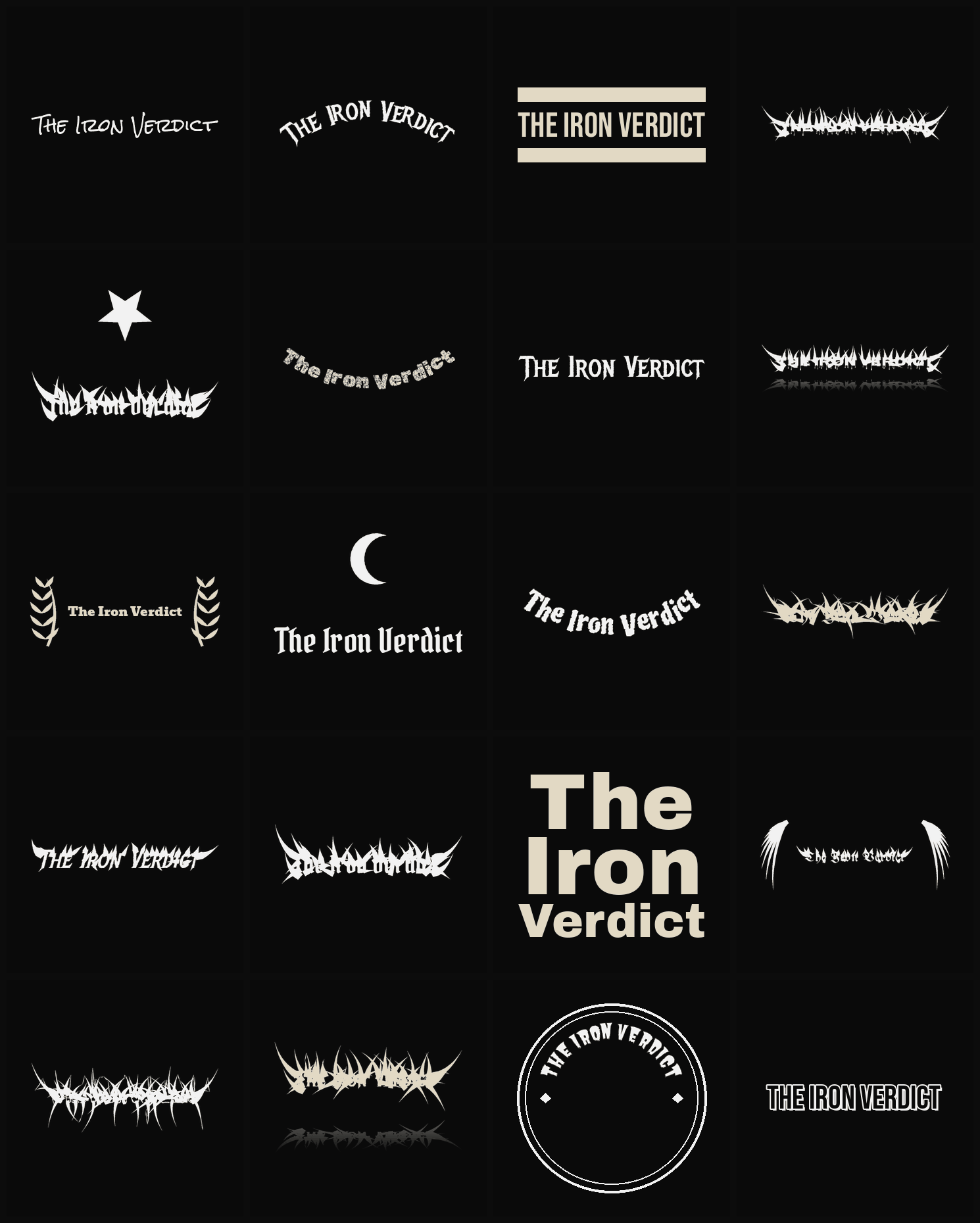 Twenty The Iron Verdict band logo ideas — different faces, treatments and spike settings