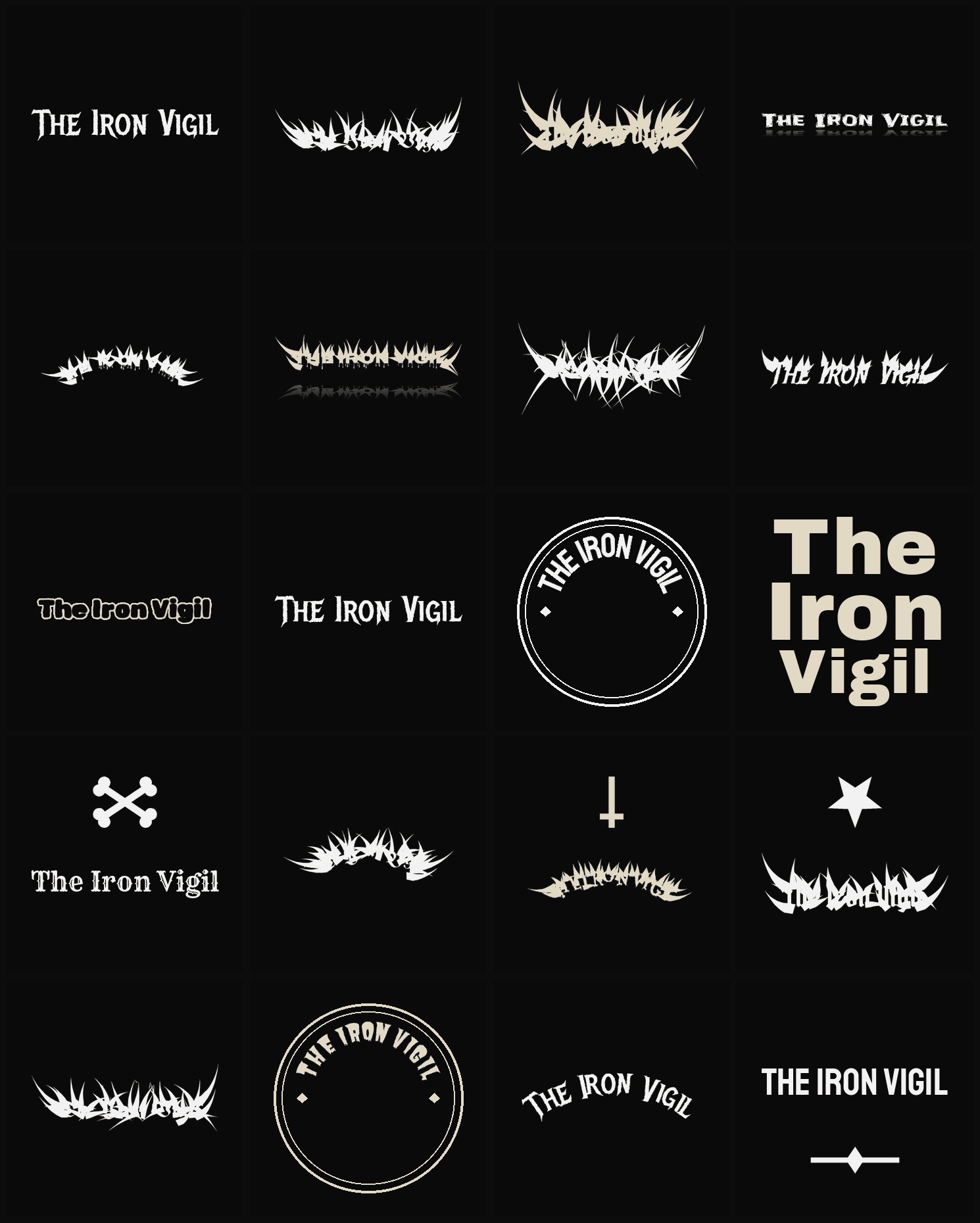 Twenty The Iron Vigil band logo ideas — different faces, treatments and spike settings