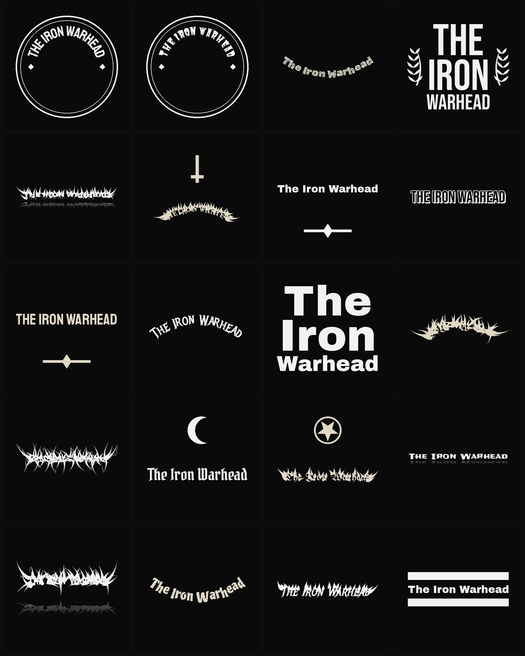 Twenty The Iron Warhead band logo ideas — different faces, treatments and spike settings