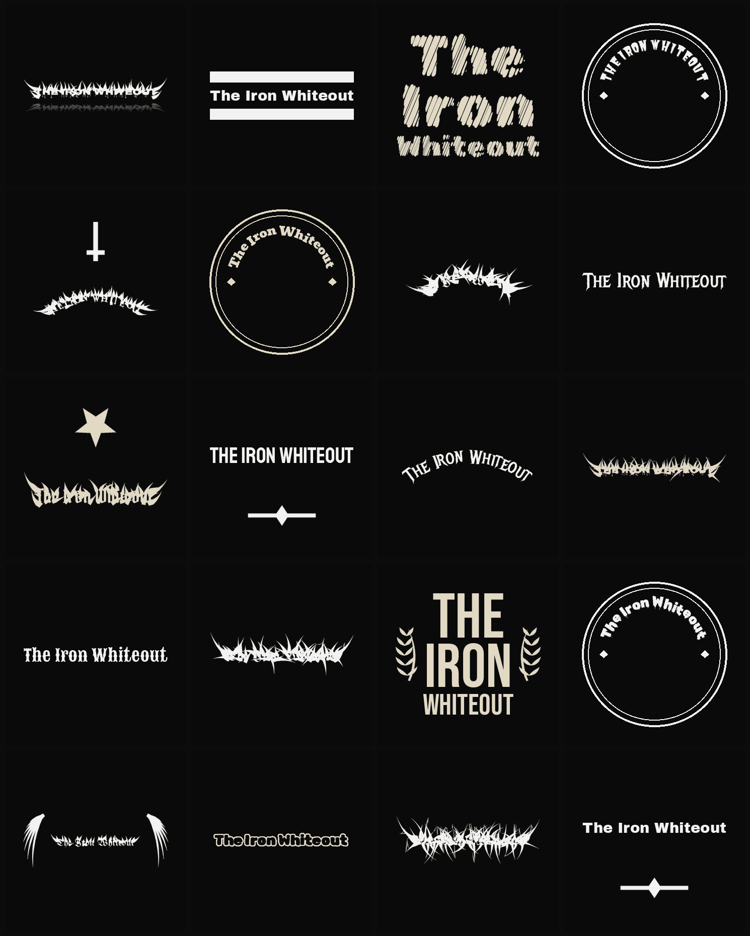 Twenty The Iron Whiteout band logo ideas — different faces, treatments and spike settings