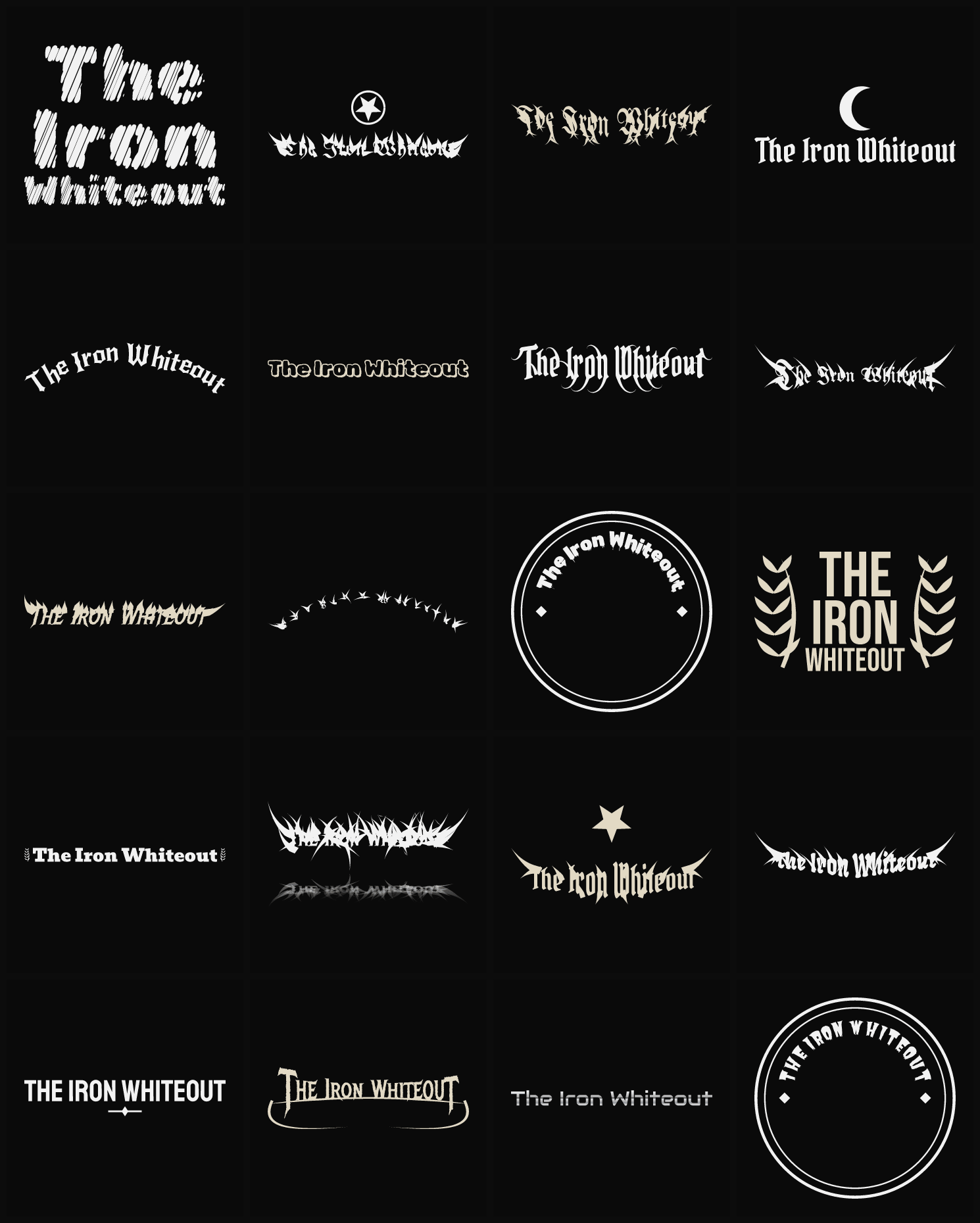 Twenty The Iron Whiteout band logo ideas — different faces, treatments and spike settings