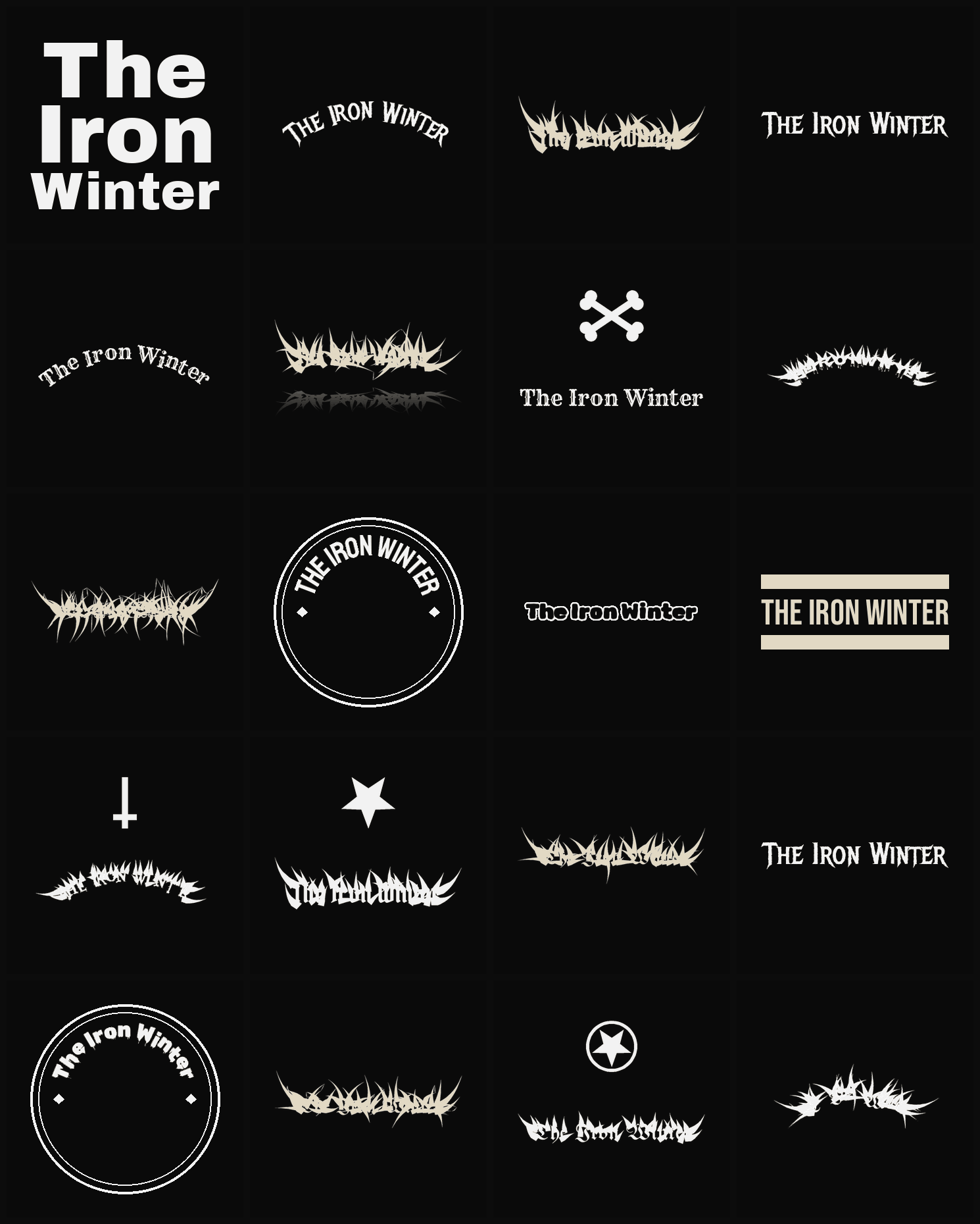 Twenty The Iron Winter band logo ideas — different faces, treatments and spike settings