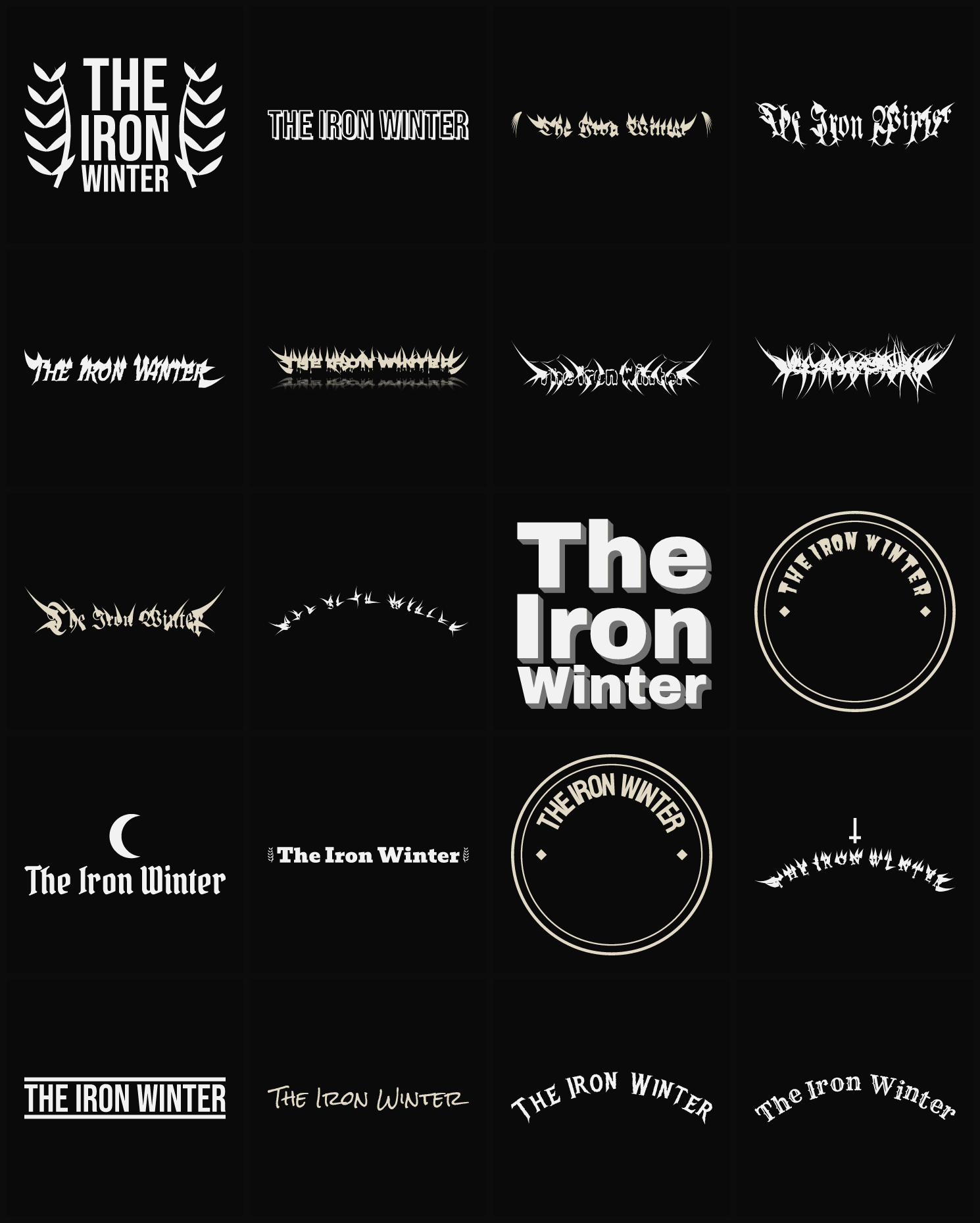 Twenty The Iron Winter band logo ideas — different faces, treatments and spike settings