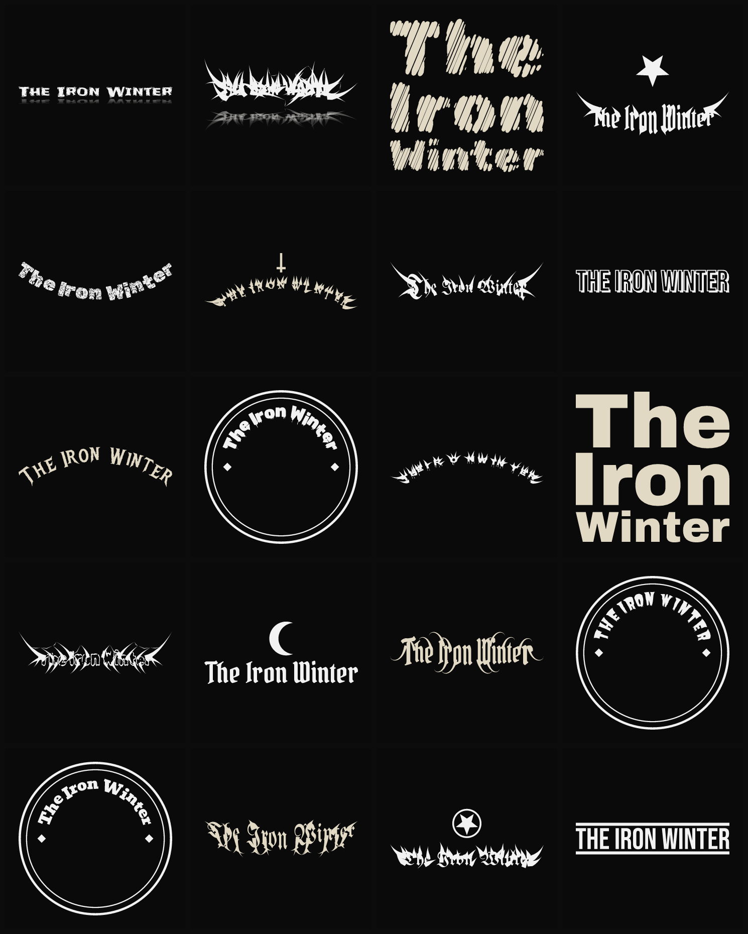 Twenty The Iron Winter band logo ideas — different faces, treatments and spike settings