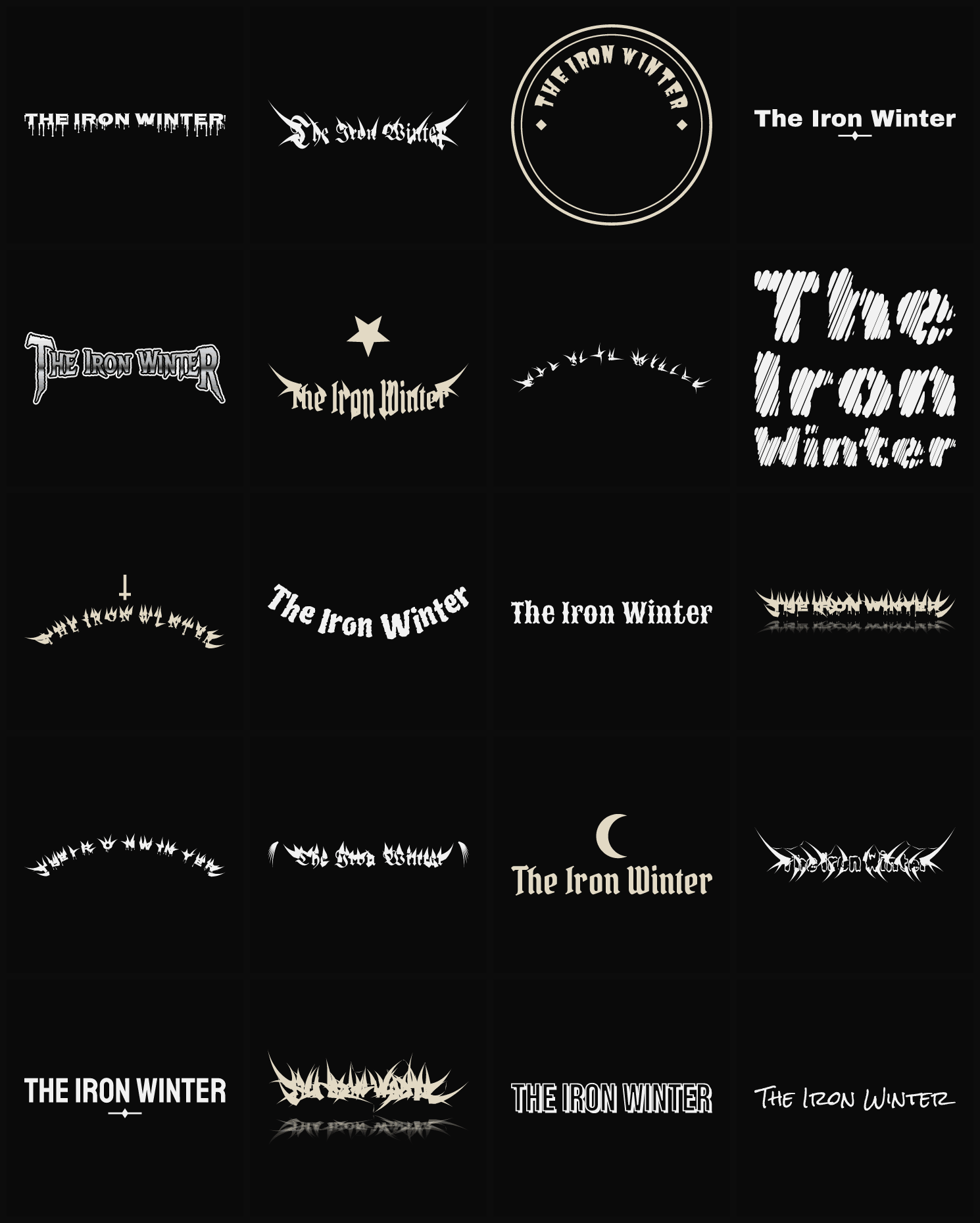 Twenty The Iron Winter band logo ideas — different faces, treatments and spike settings