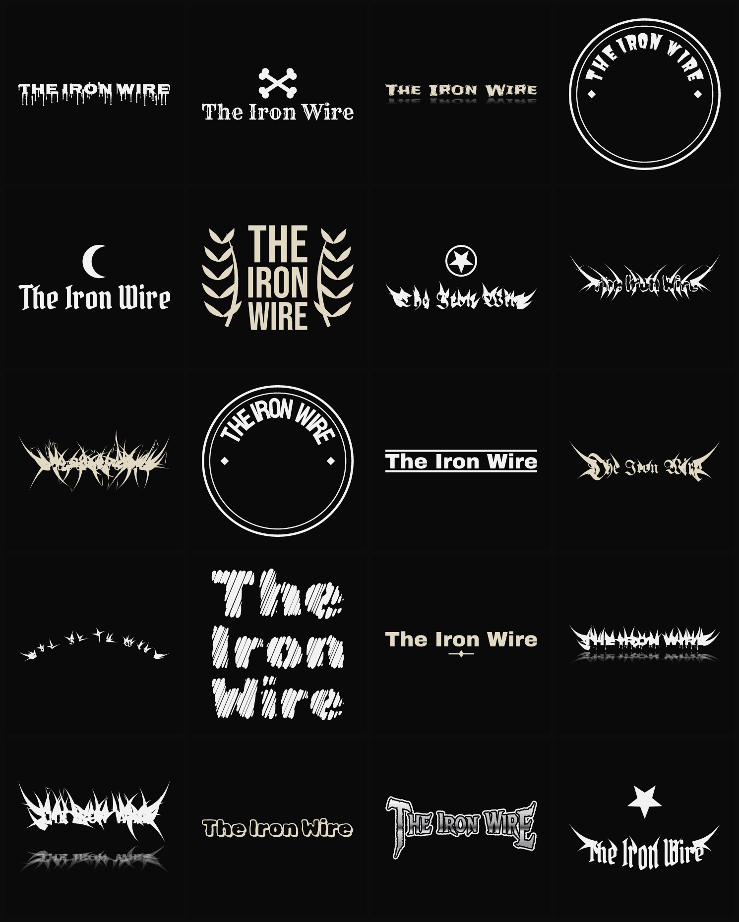 Twenty The Iron Wire band logo ideas — different faces, treatments and spike settings
