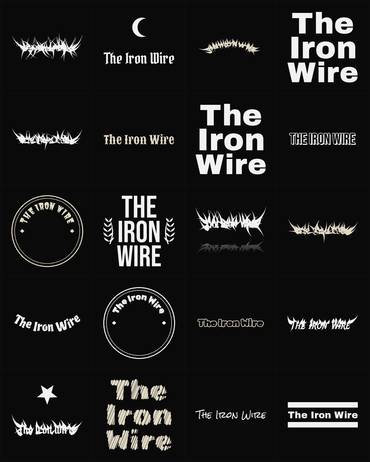 Twenty The Iron Wire band logo ideas — different faces, treatments and spike settings