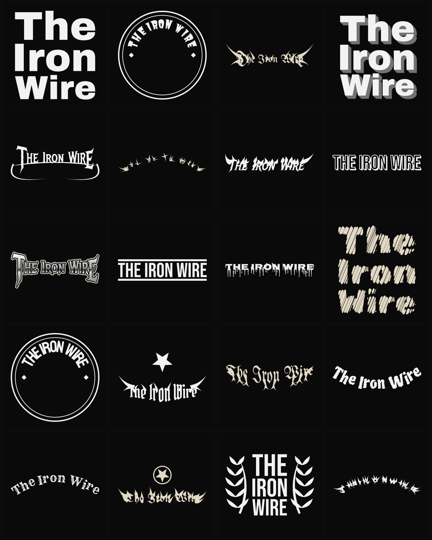Twenty The Iron Wire band logo ideas — different faces, treatments and spike settings