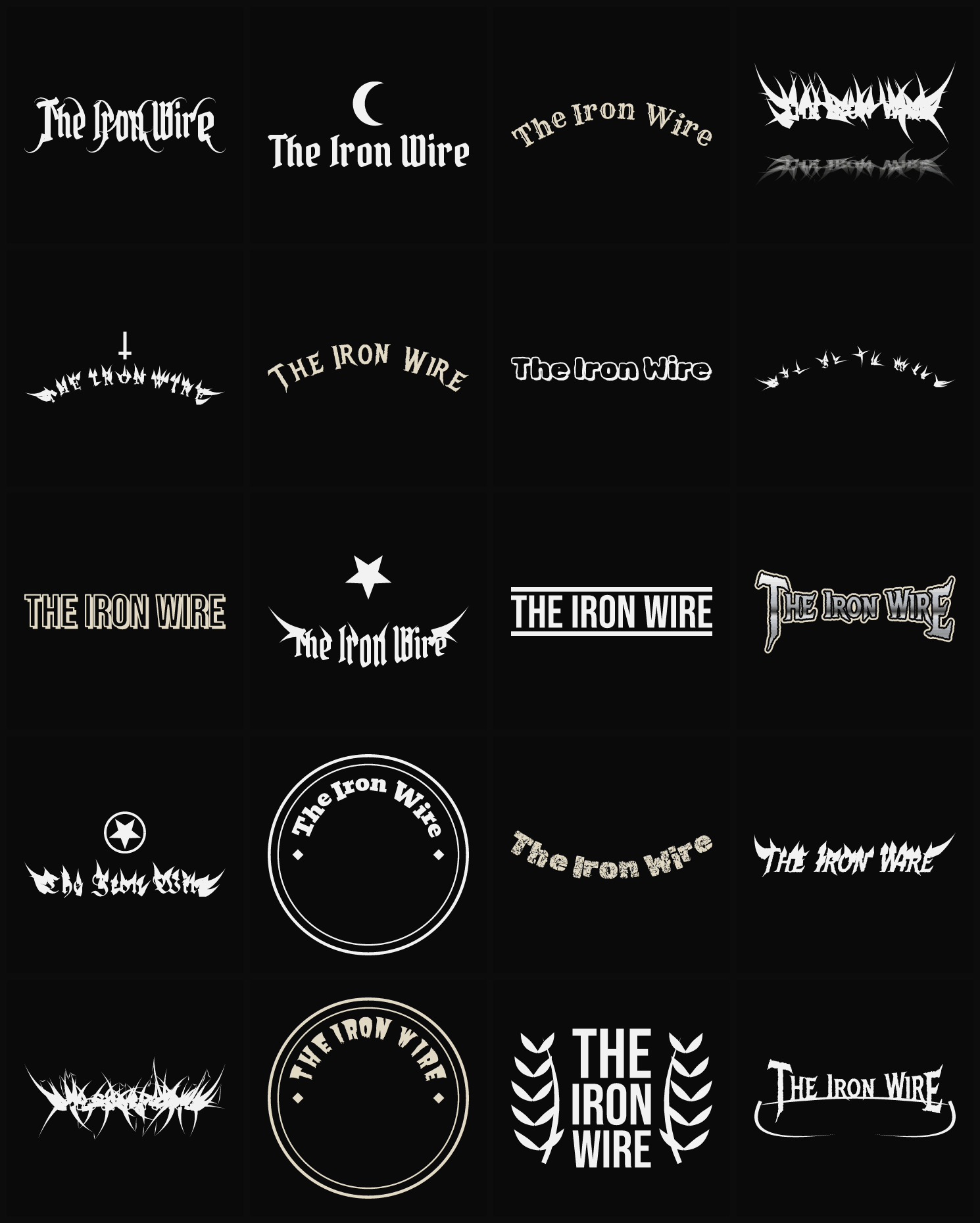 Twenty The Iron Wire band logo ideas — different faces, treatments and spike settings