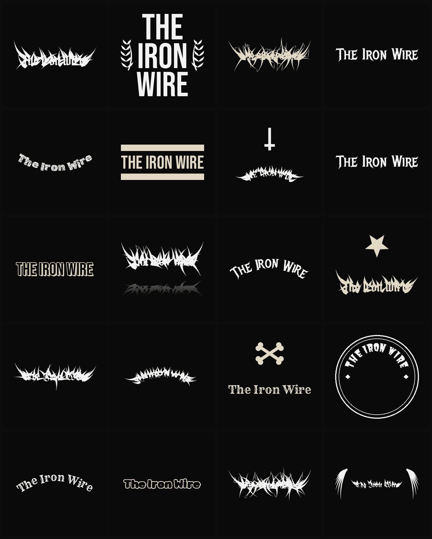 Twenty The Iron Wire band logo ideas — different faces, treatments and spike settings