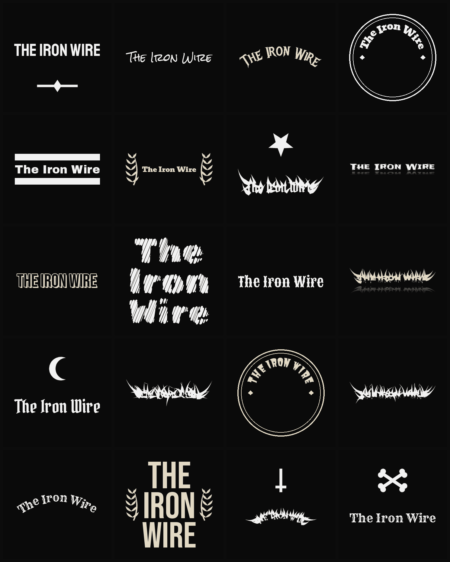 Twenty The Iron Wire band logo ideas — different faces, treatments and spike settings