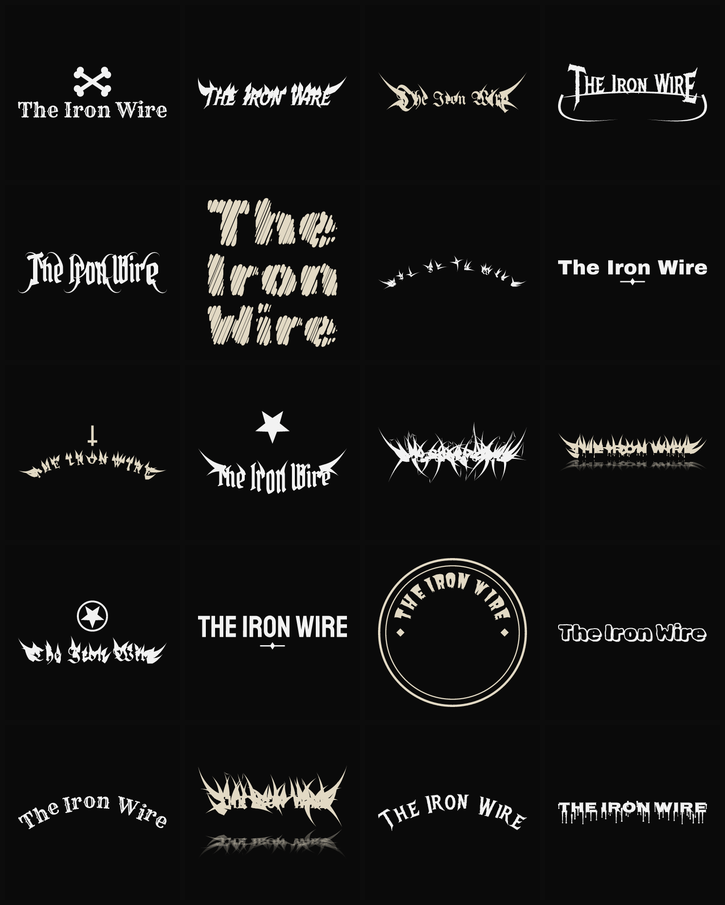 Twenty The Iron Wire band logo ideas — different faces, treatments and spike settings