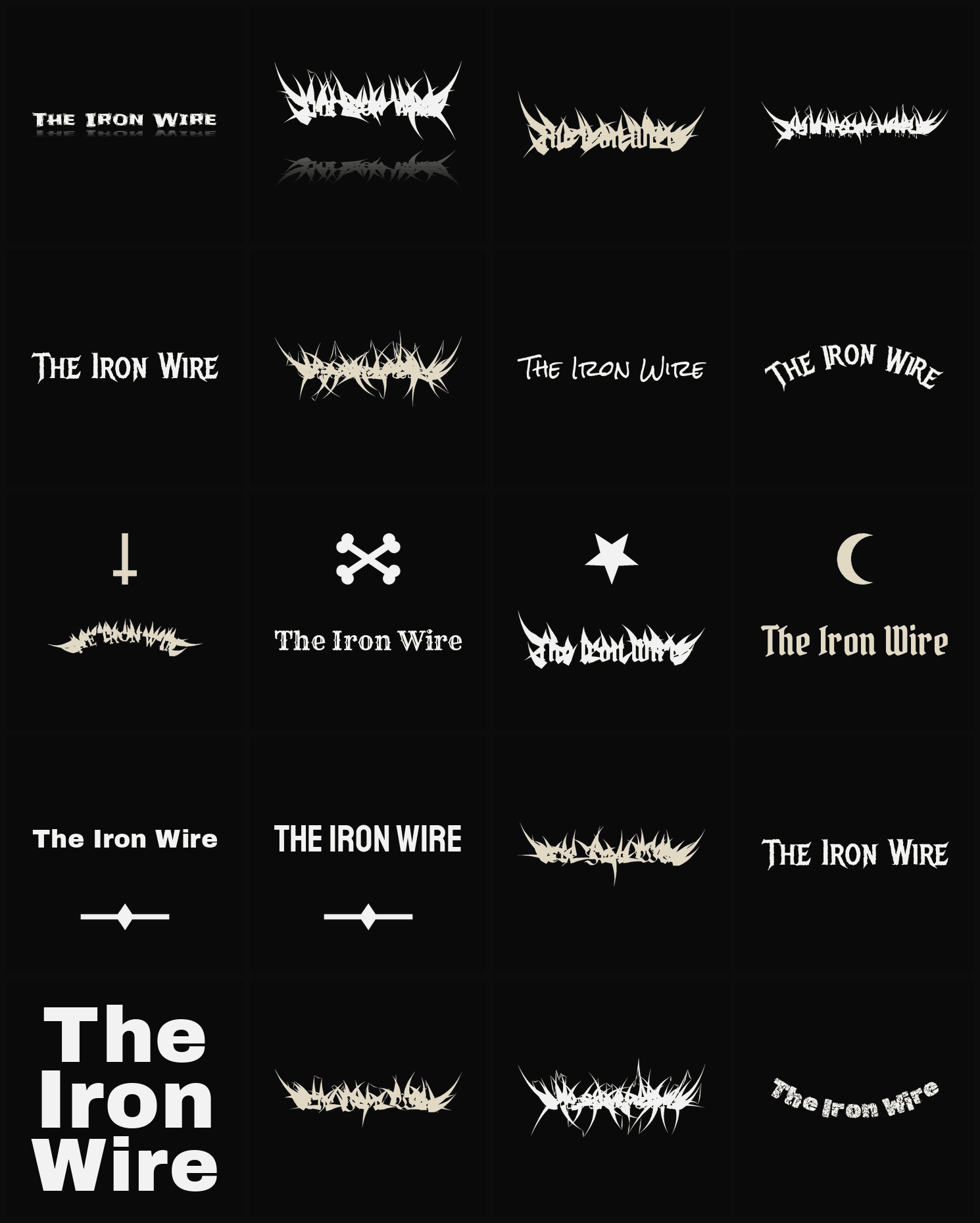 Twenty The Iron Wire band logo ideas — different faces, treatments and spike settings