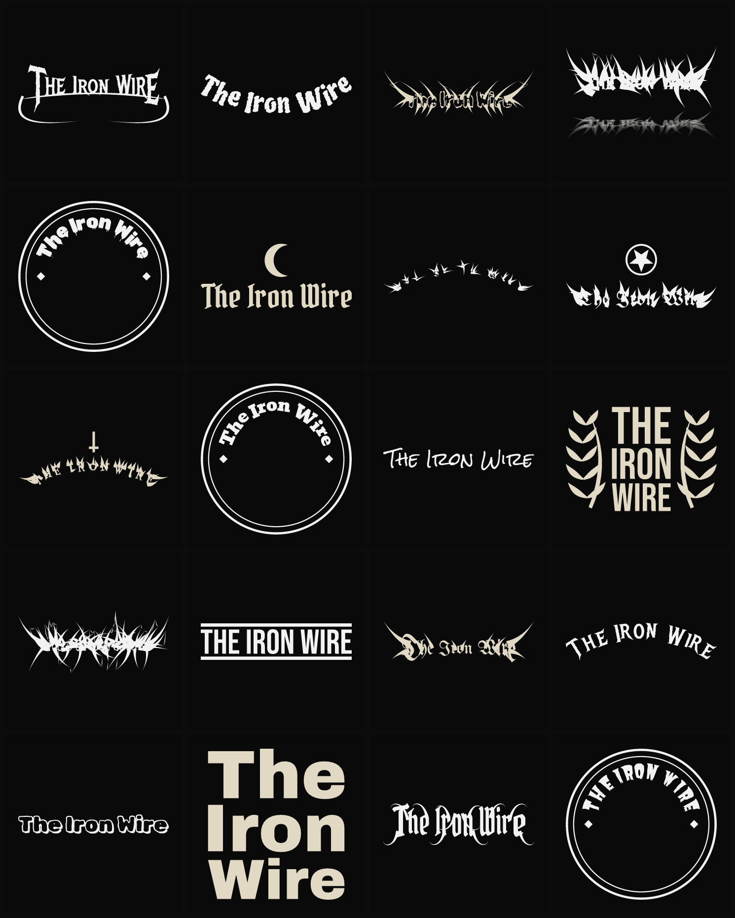 Twenty The Iron Wire band logo ideas — different faces, treatments and spike settings