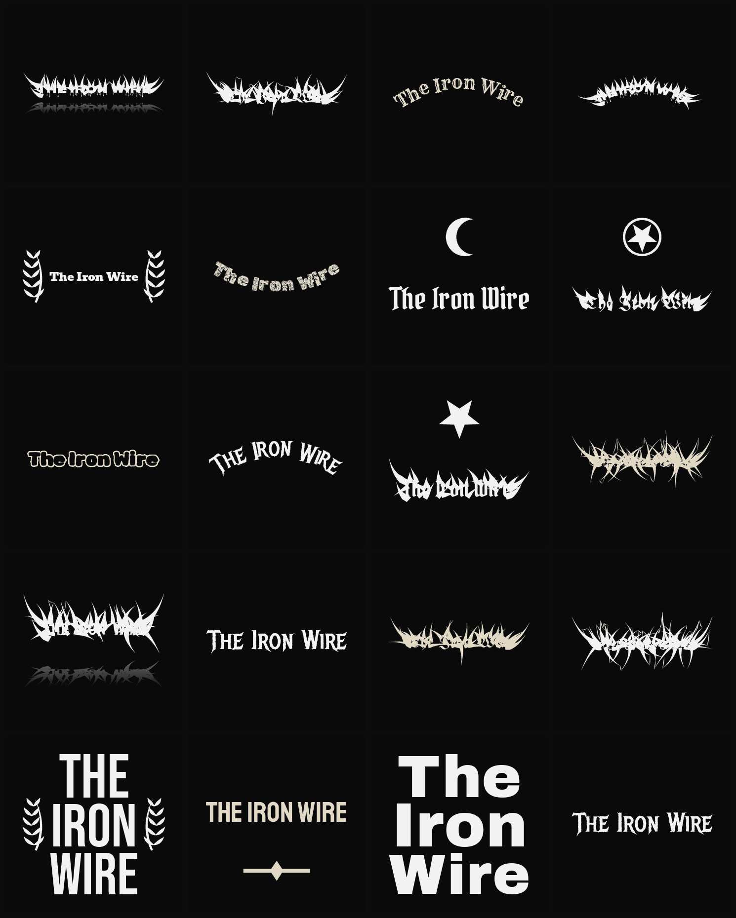 Twenty The Iron Wire band logo ideas — different faces, treatments and spike settings