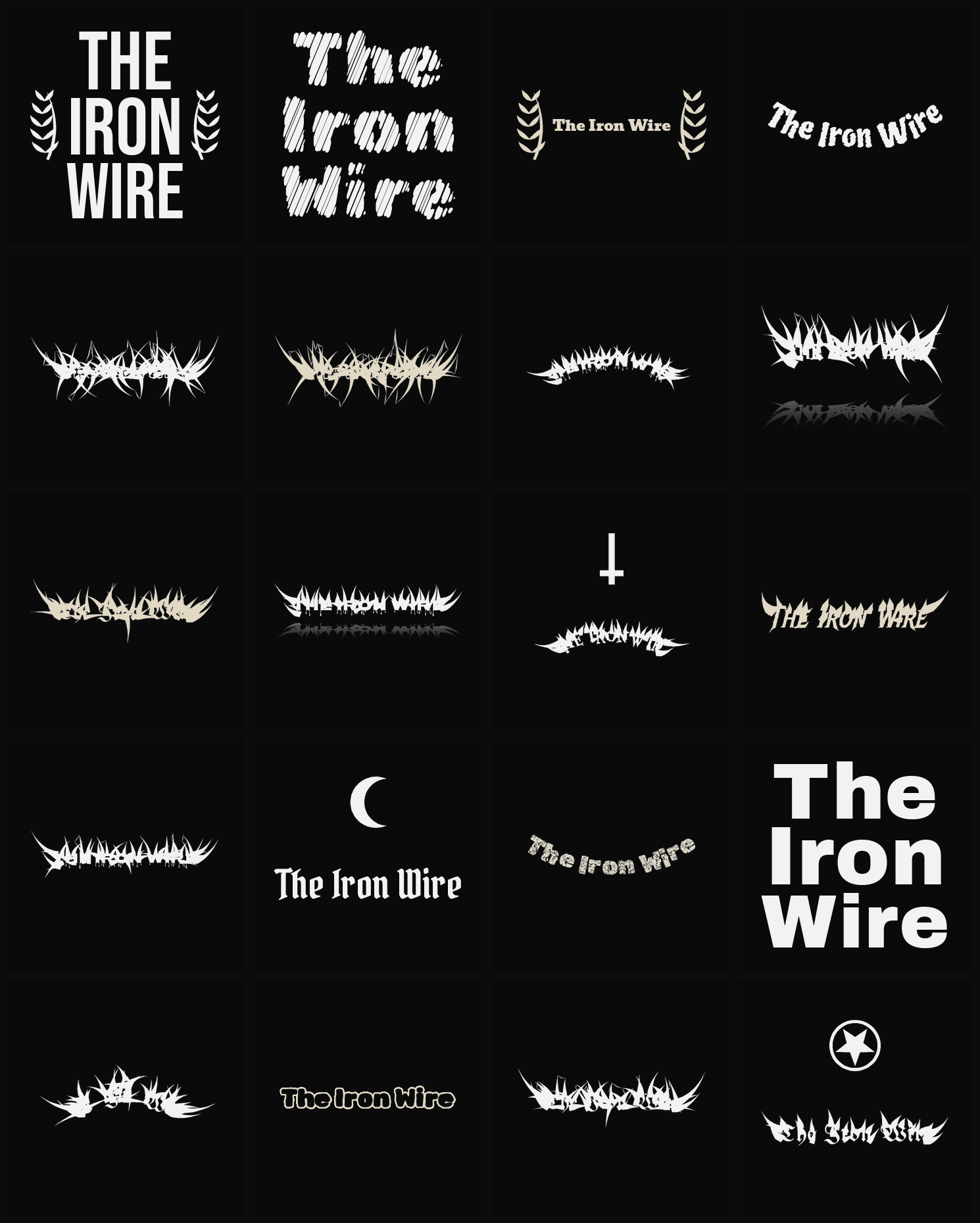 Twenty The Iron Wire band logo ideas — different faces, treatments and spike settings