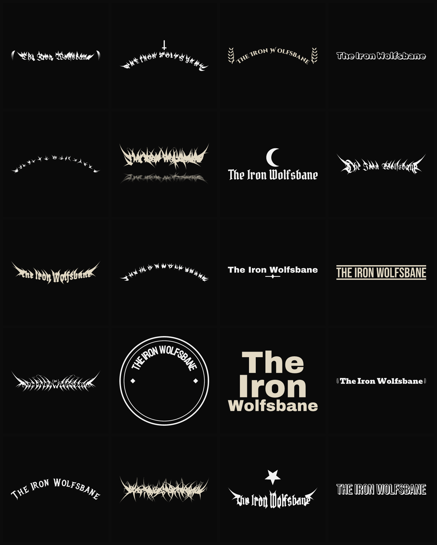 Twenty The Iron Wolfsbane band logo ideas — different faces, treatments and spike settings