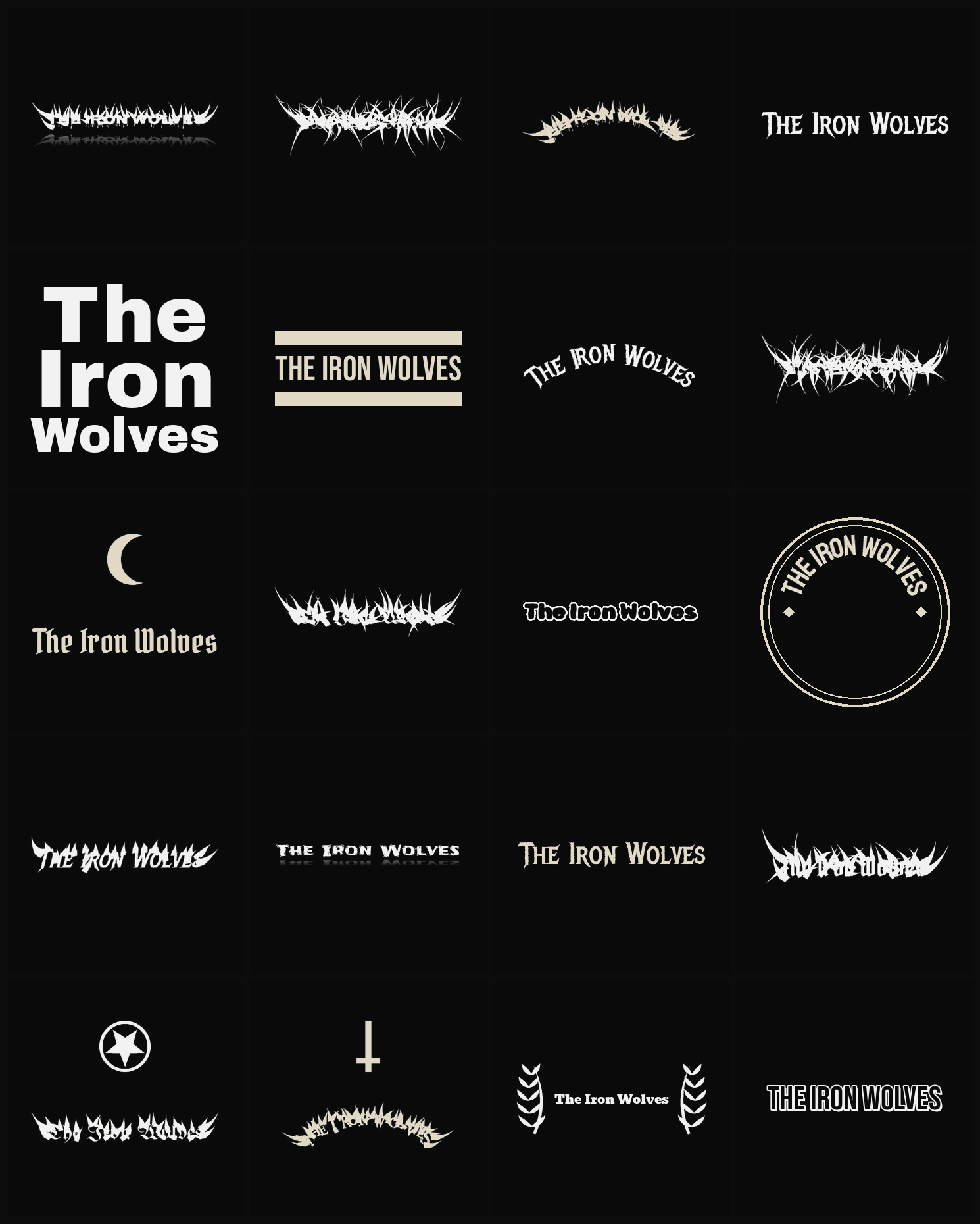 Twenty The Iron Wolves band logo ideas — different faces, treatments and spike settings