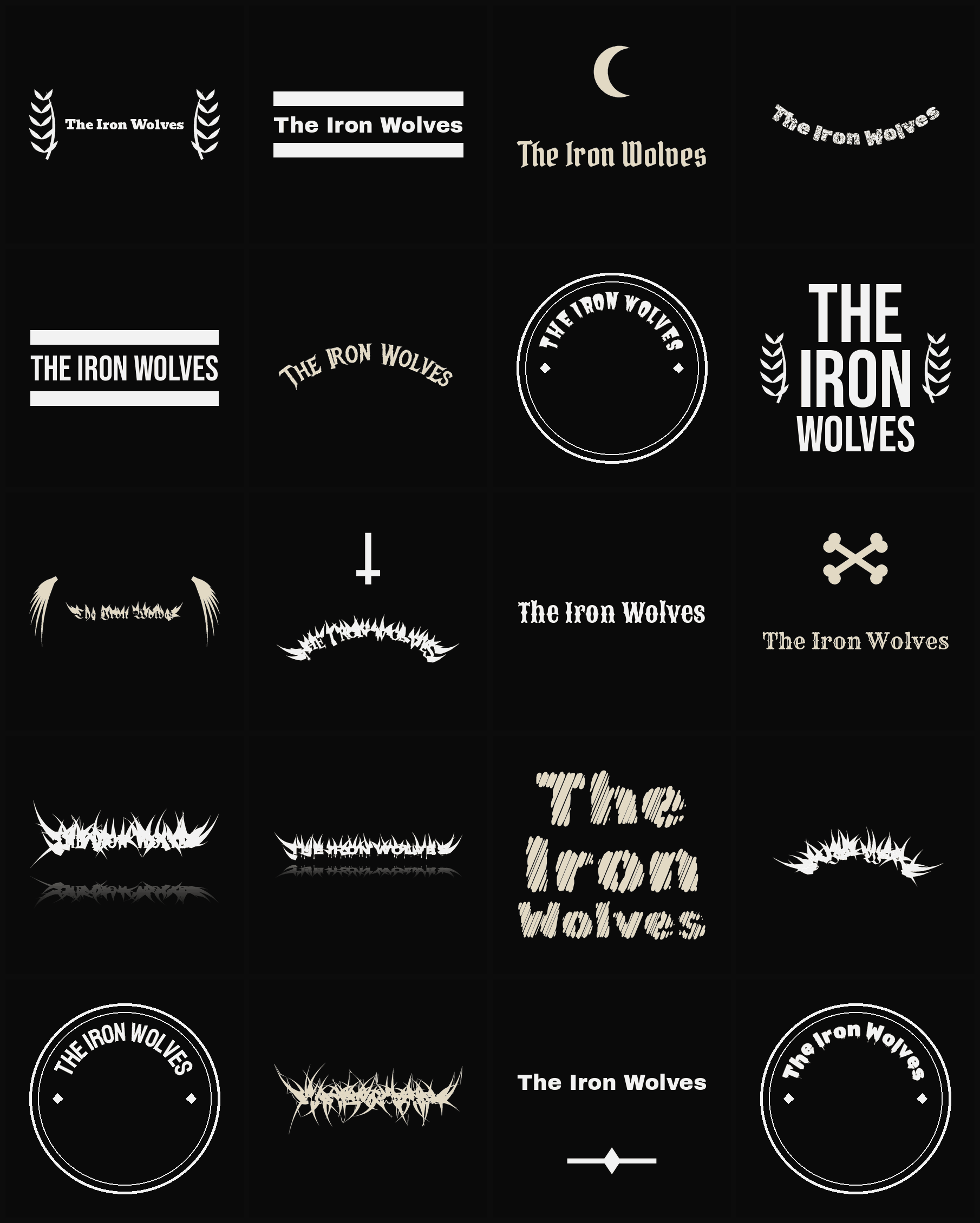 Twenty The Iron Wolves band logo ideas — different faces, treatments and spike settings
