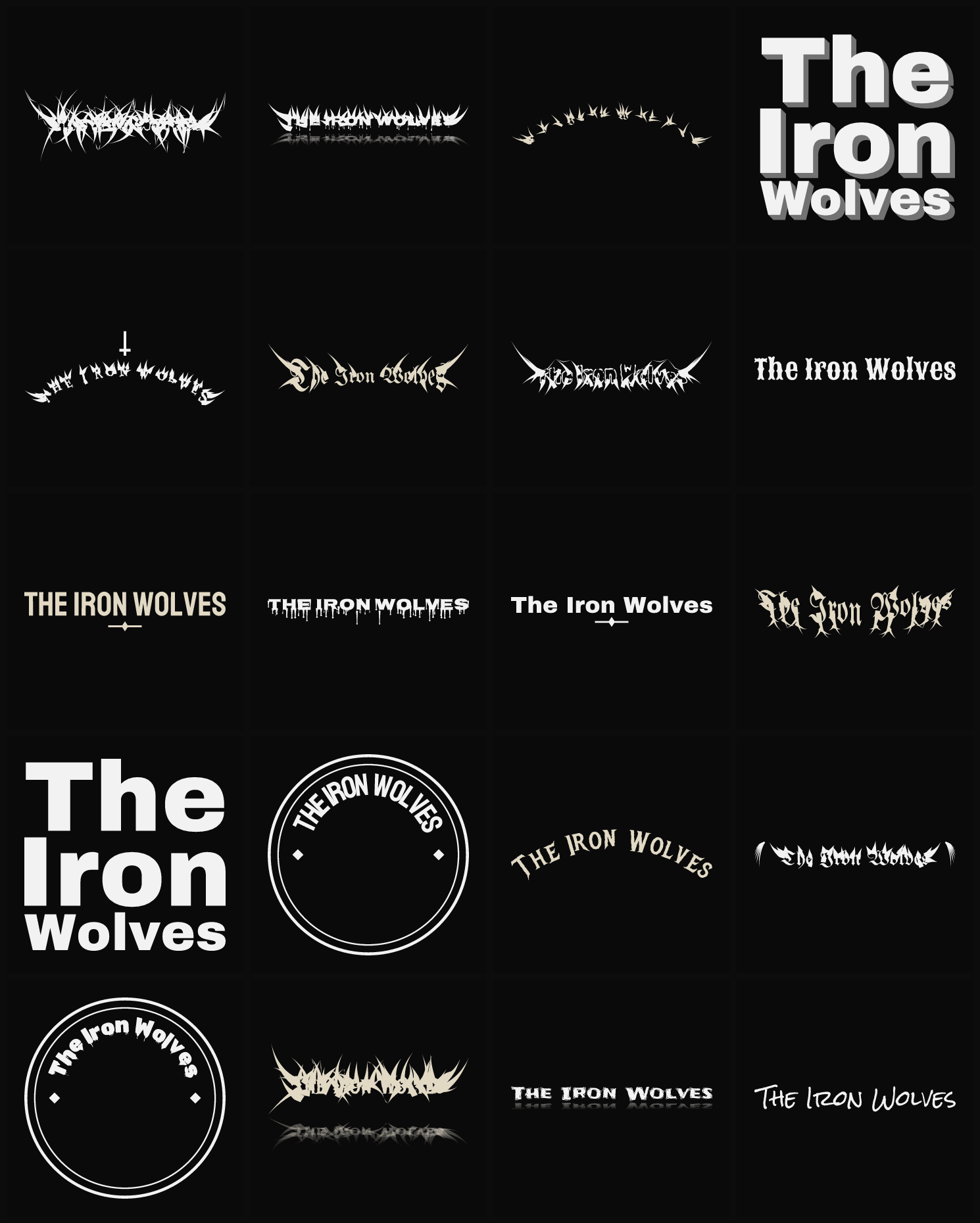 Twenty The Iron Wolves band logo ideas — different faces, treatments and spike settings