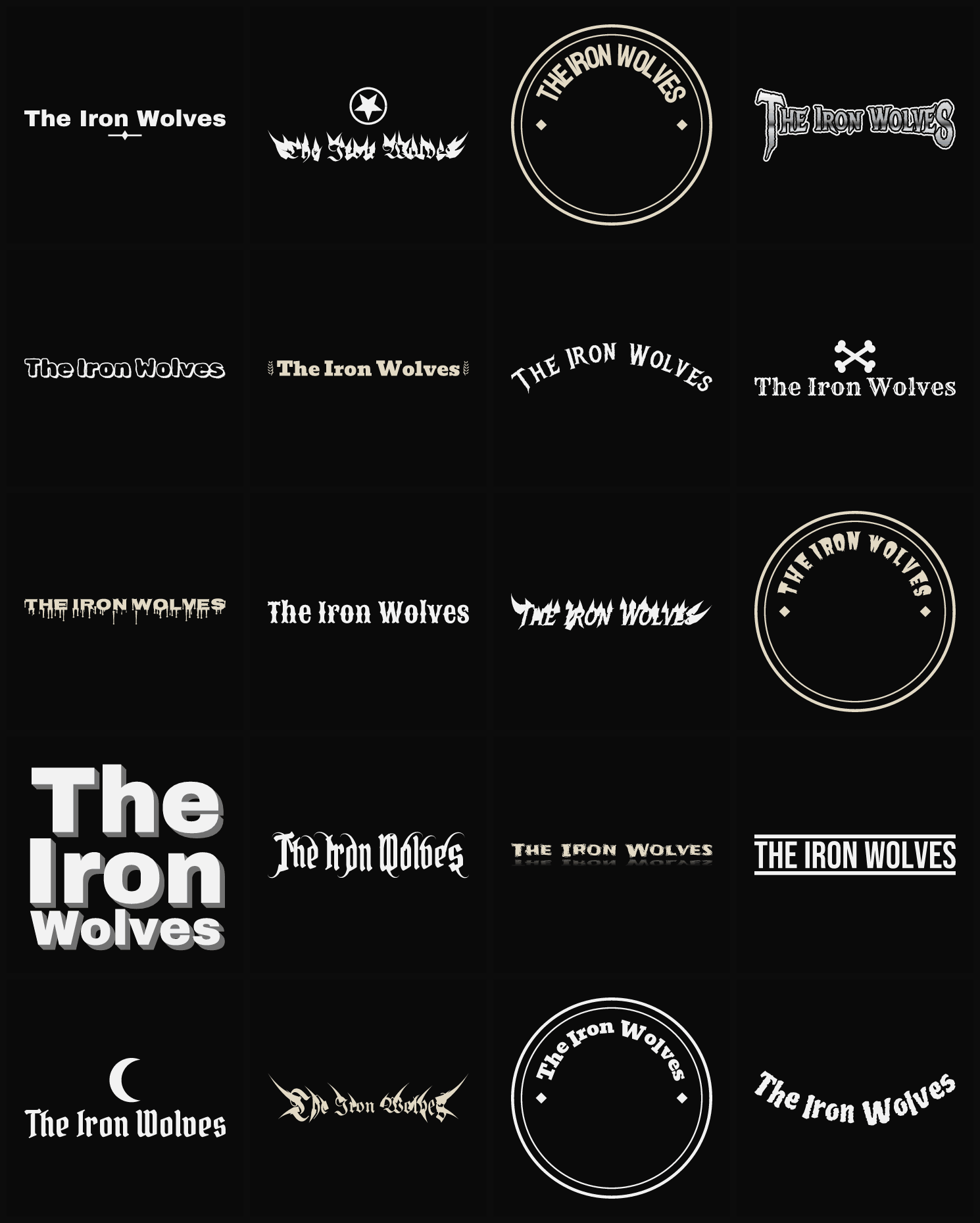 Twenty The Iron Wolves band logo ideas — different faces, treatments and spike settings