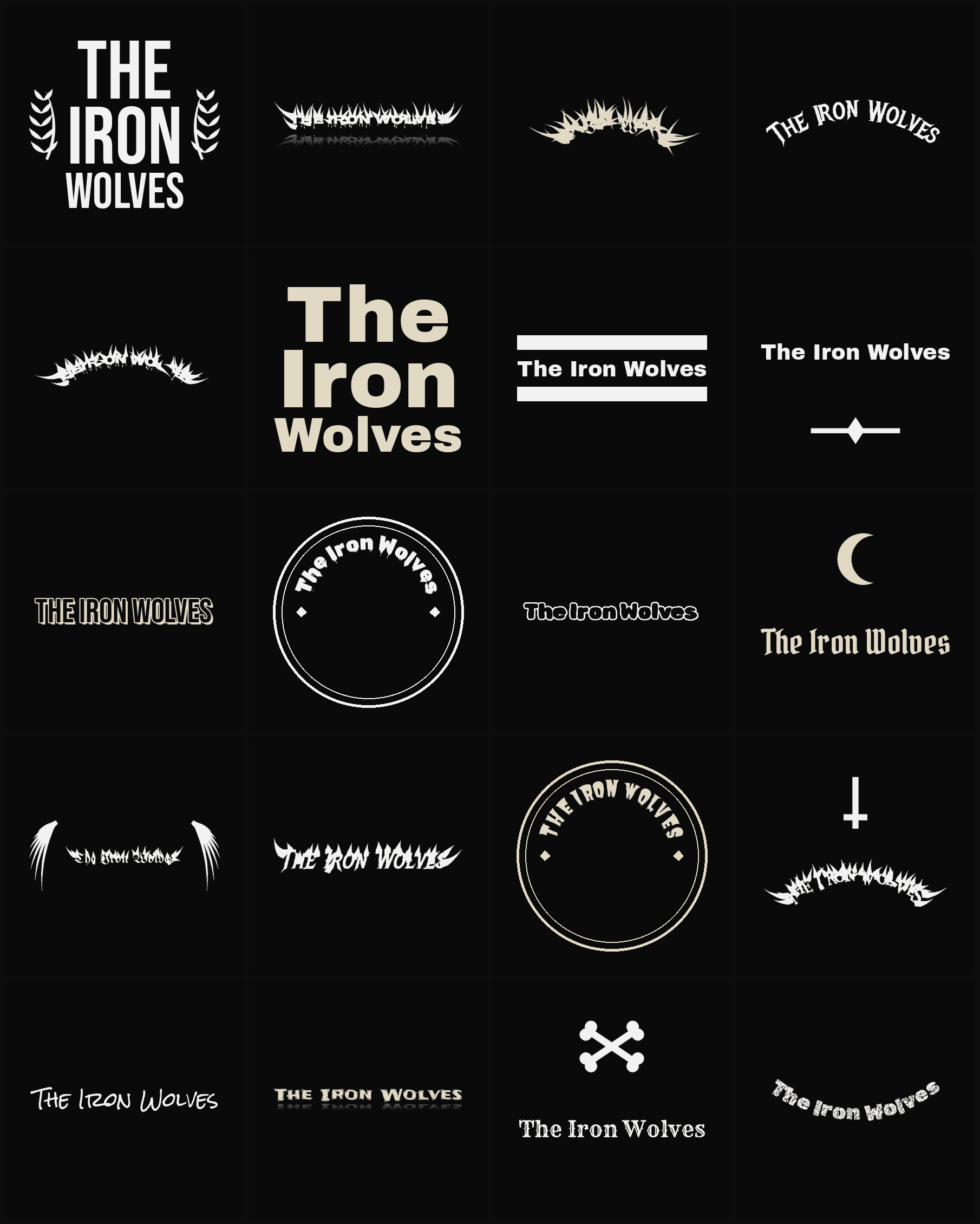 Twenty The Iron Wolves band logo ideas — different faces, treatments and spike settings