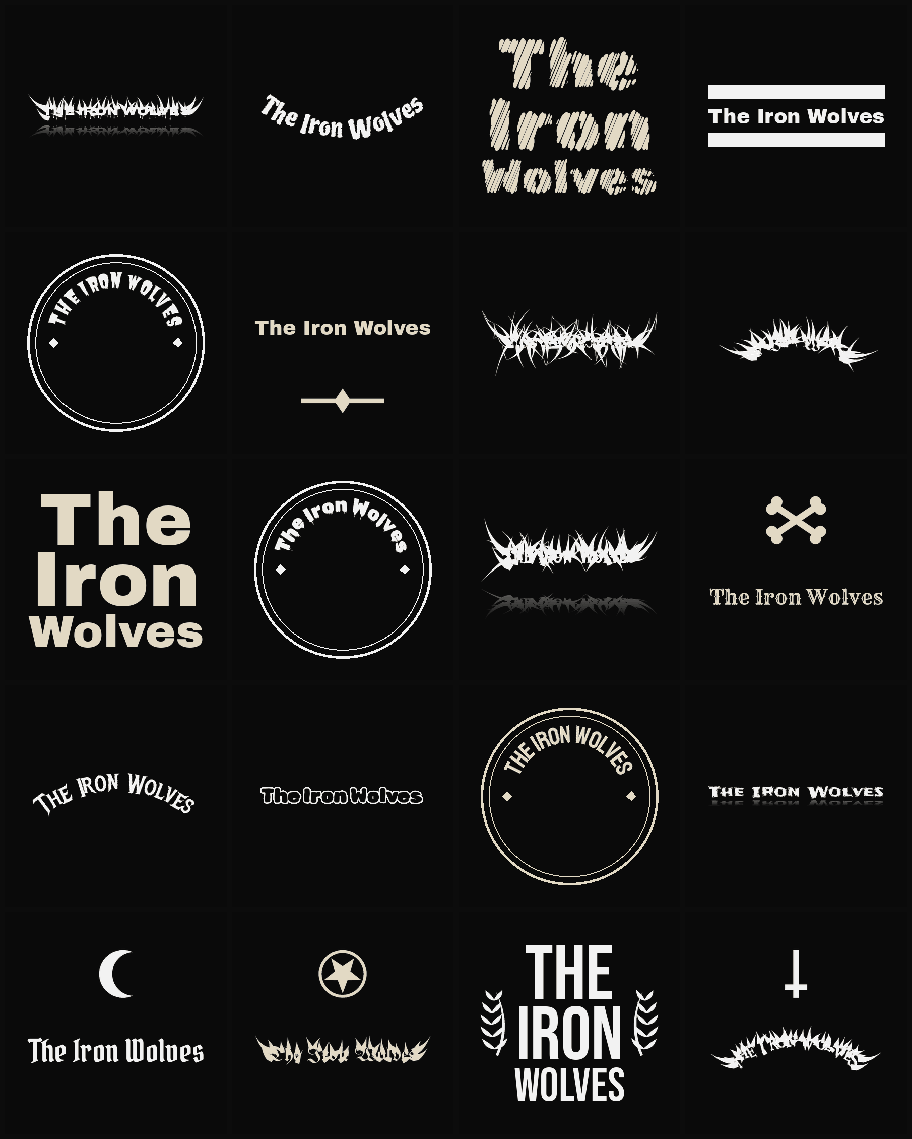 Twenty The Iron Wolves band logo ideas — different faces, treatments and spike settings