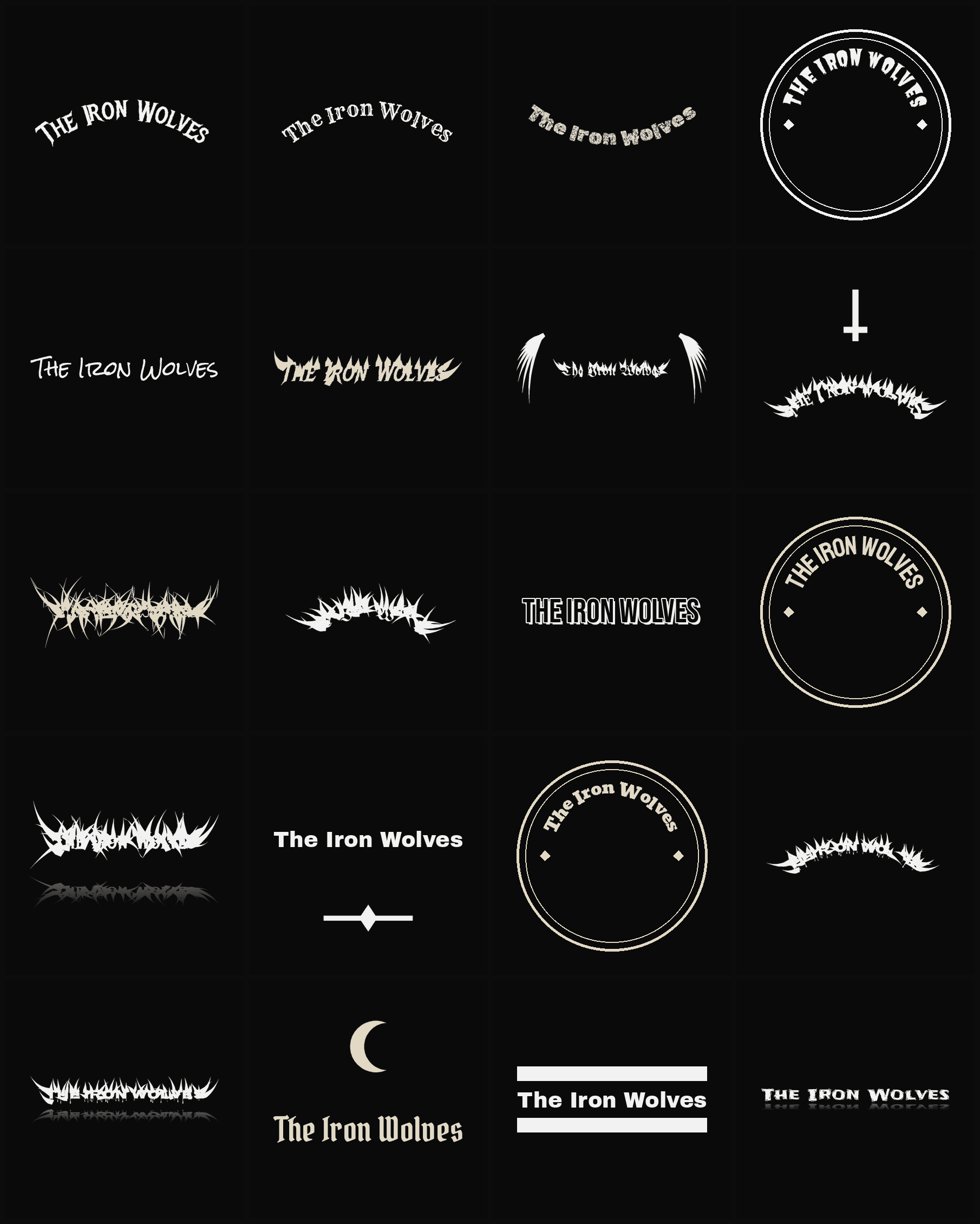 Twenty The Iron Wolves band logo ideas — different faces, treatments and spike settings