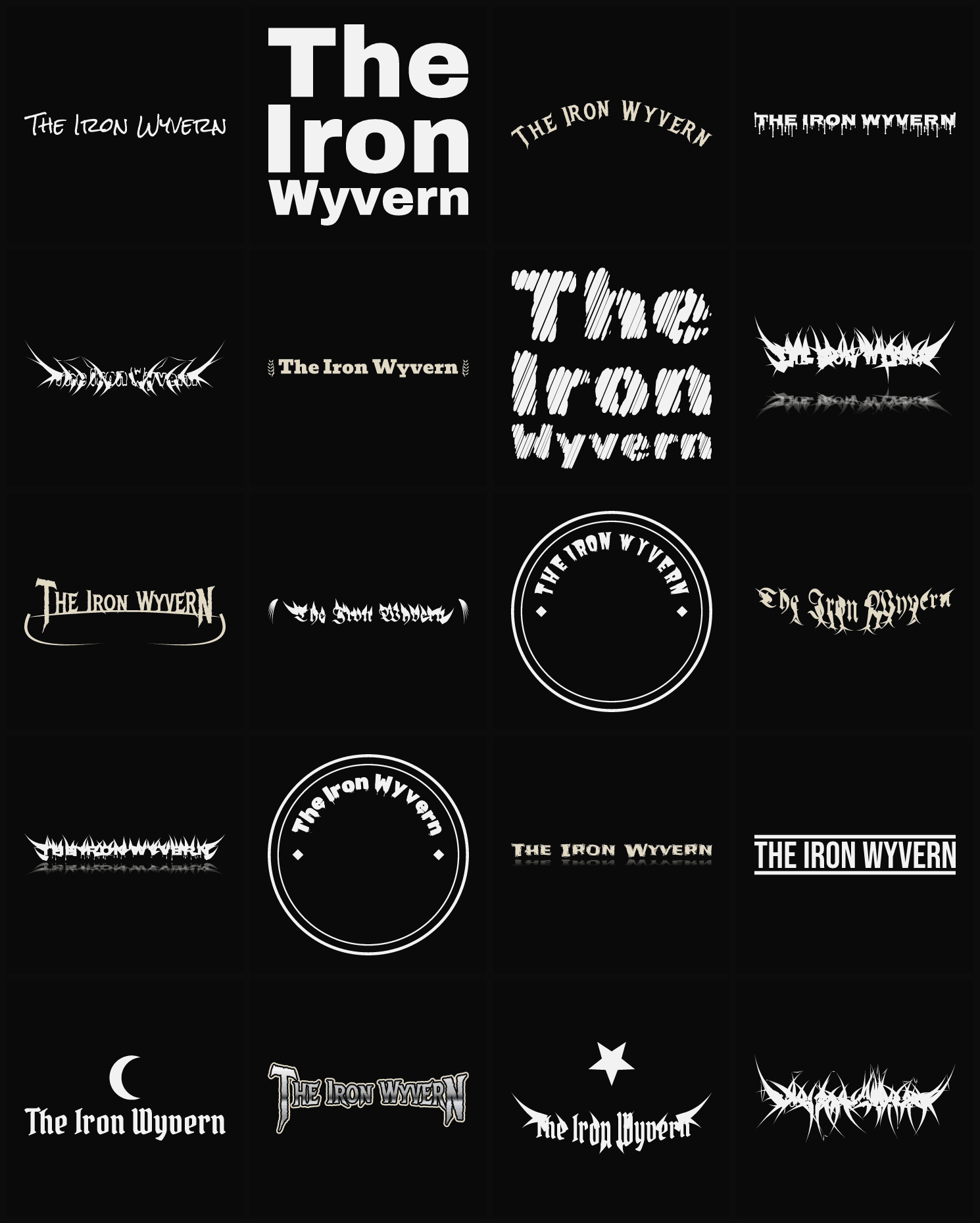 Twenty The Iron Wyvern band logo ideas — different faces, treatments and spike settings
