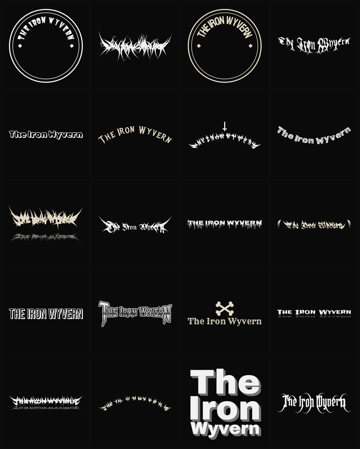 Twenty The Iron Wyvern band logo ideas — different faces, treatments and spike settings