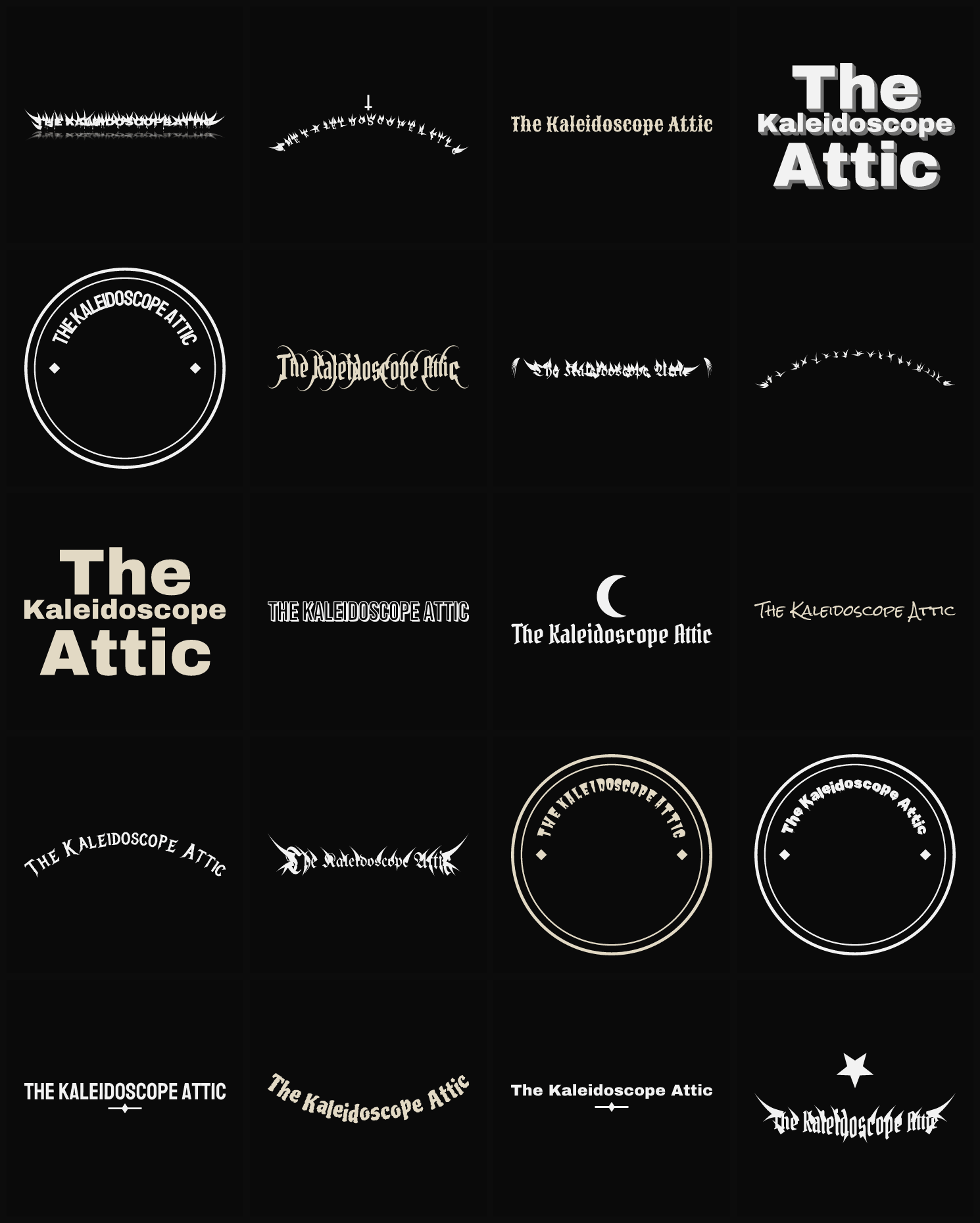 Twenty The Kaleidoscope Attic band logo ideas — different faces, treatments and spike settings