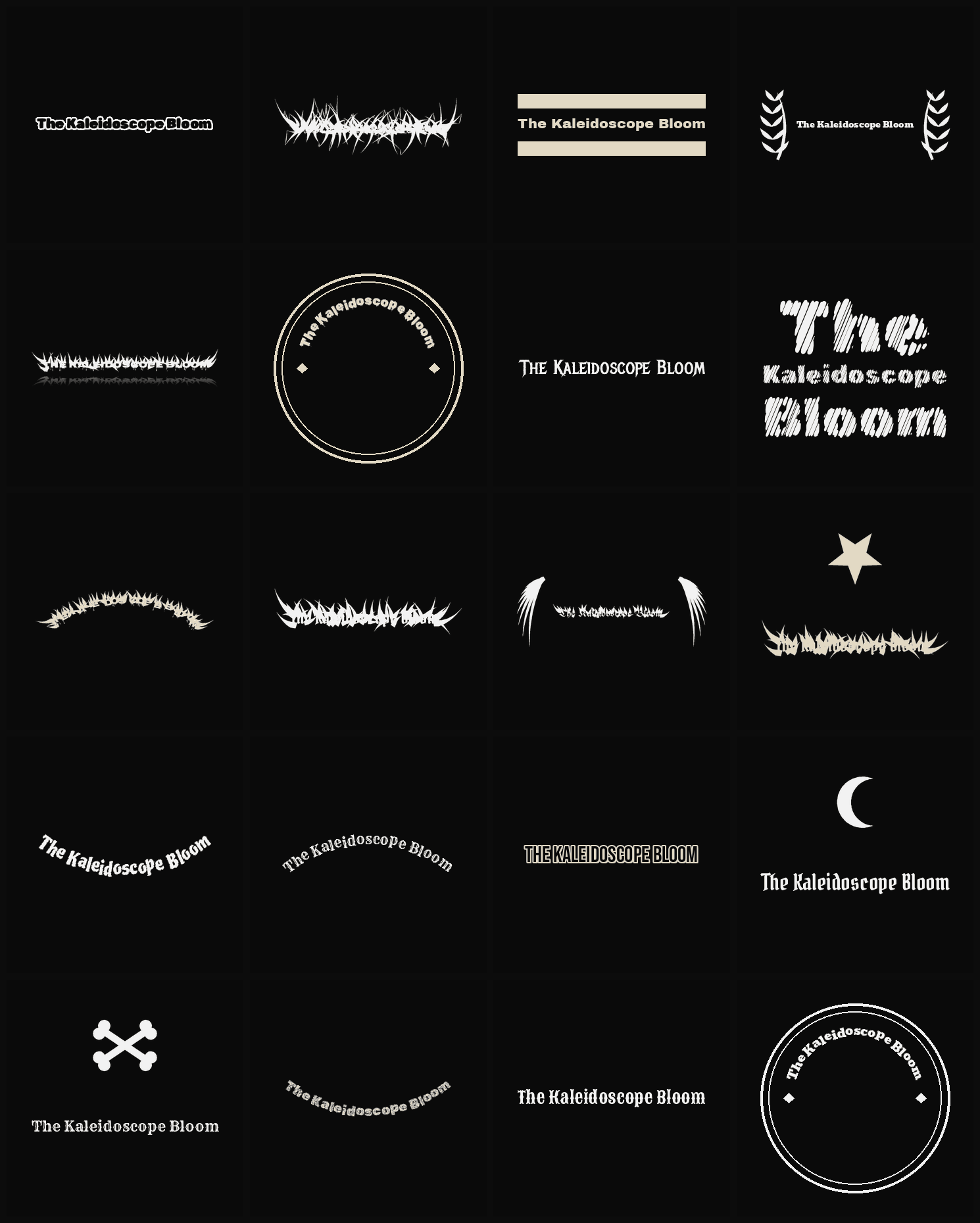 Twenty The Kaleidoscope Bloom band logo ideas — different faces, treatments and spike settings