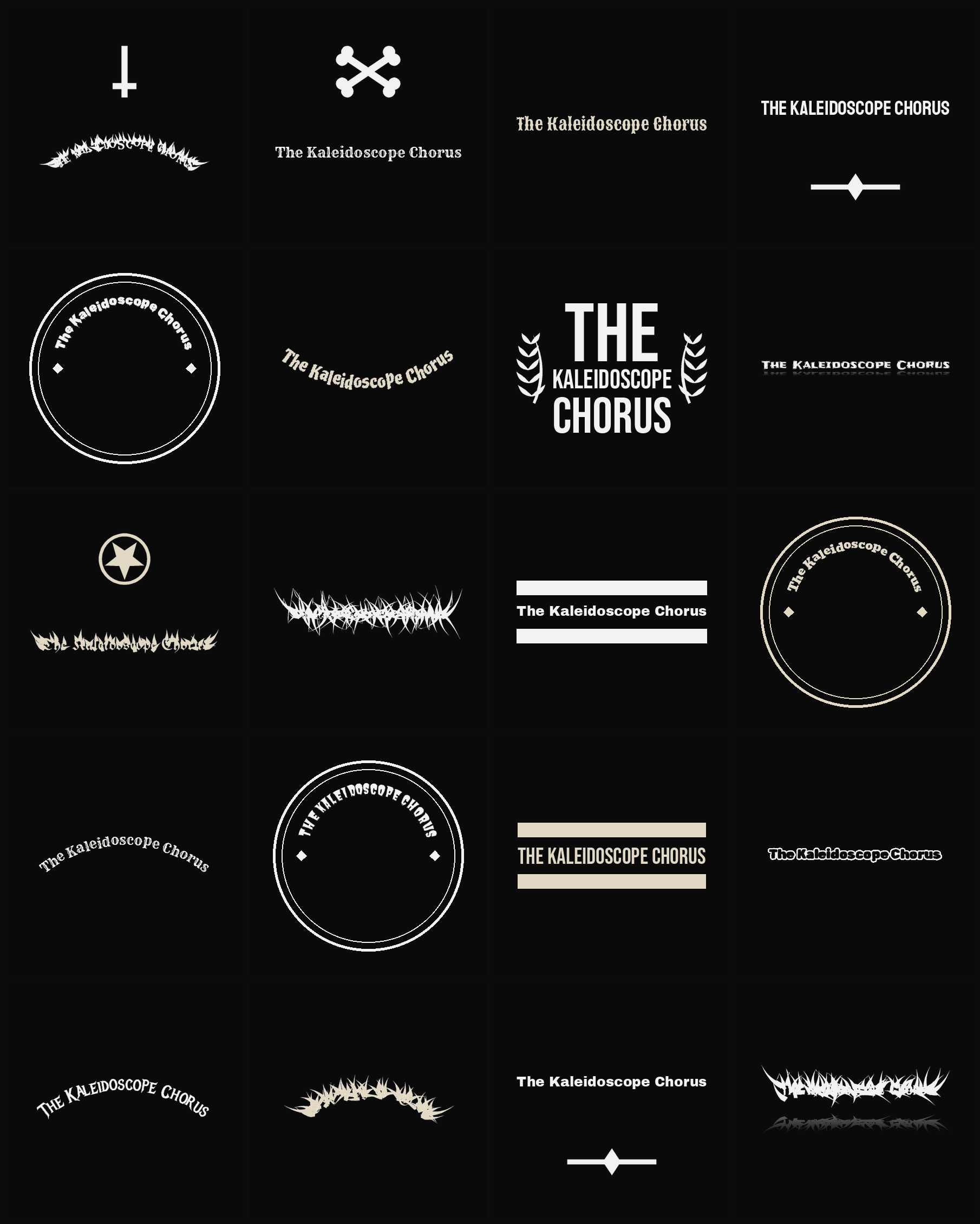 Twenty The Kaleidoscope Chorus band logo ideas — different faces, treatments and spike settings